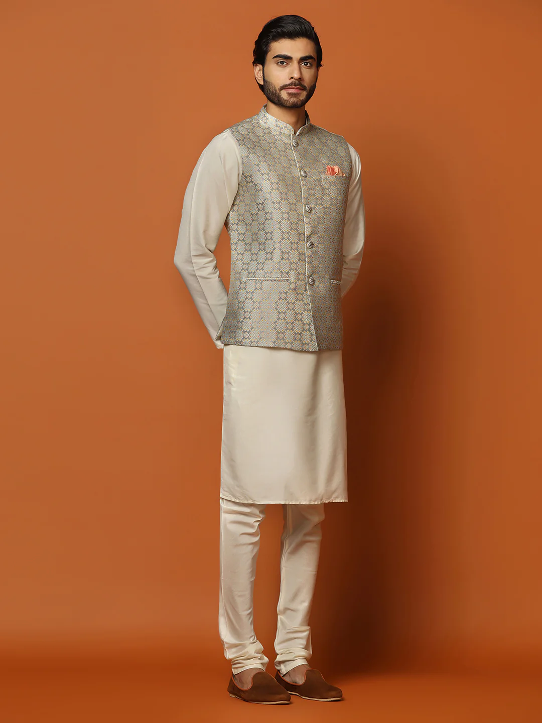 Cream Silk Blend Textured Nehru Jacket Kurta Churidar - Image 2
