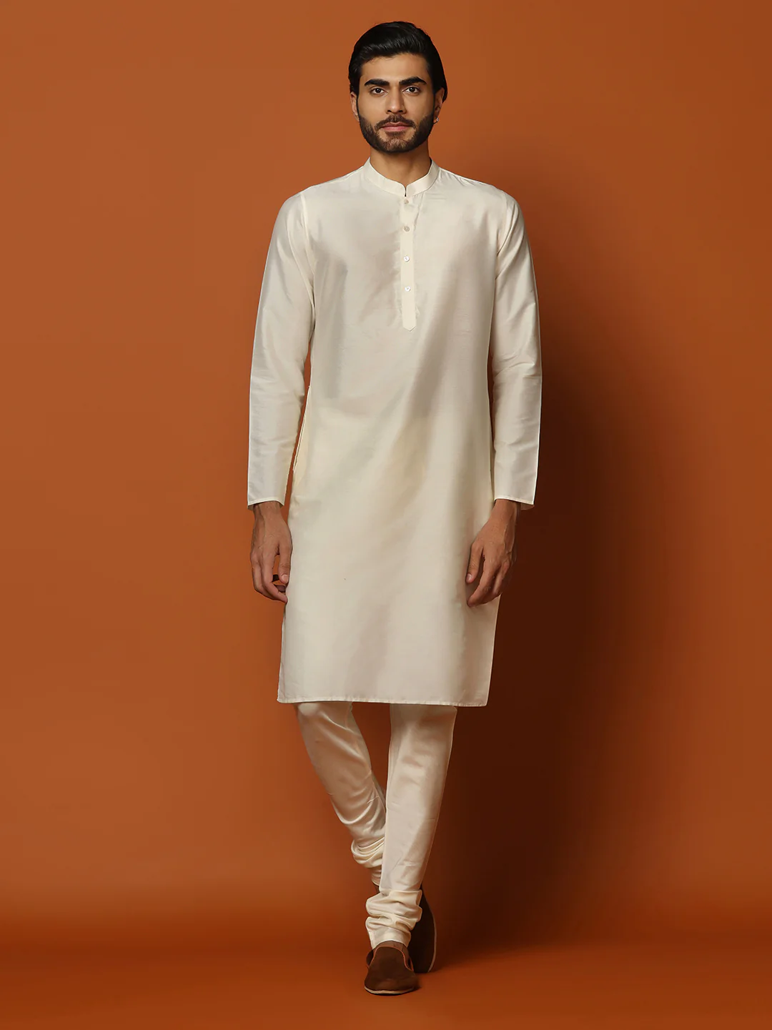 Cream Silk Blend Textured Nehru Jacket Kurta Churidar - Image 5
