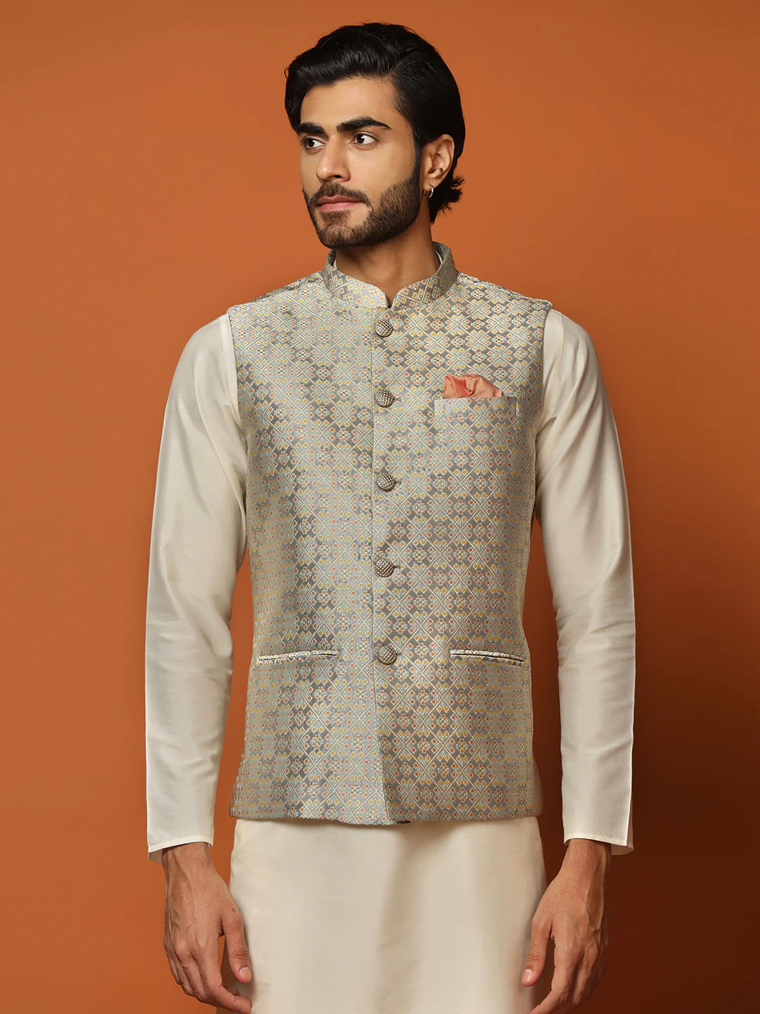 Cream Silk Blend Textured Nehru Jacket Kurta Churidar - Image 6