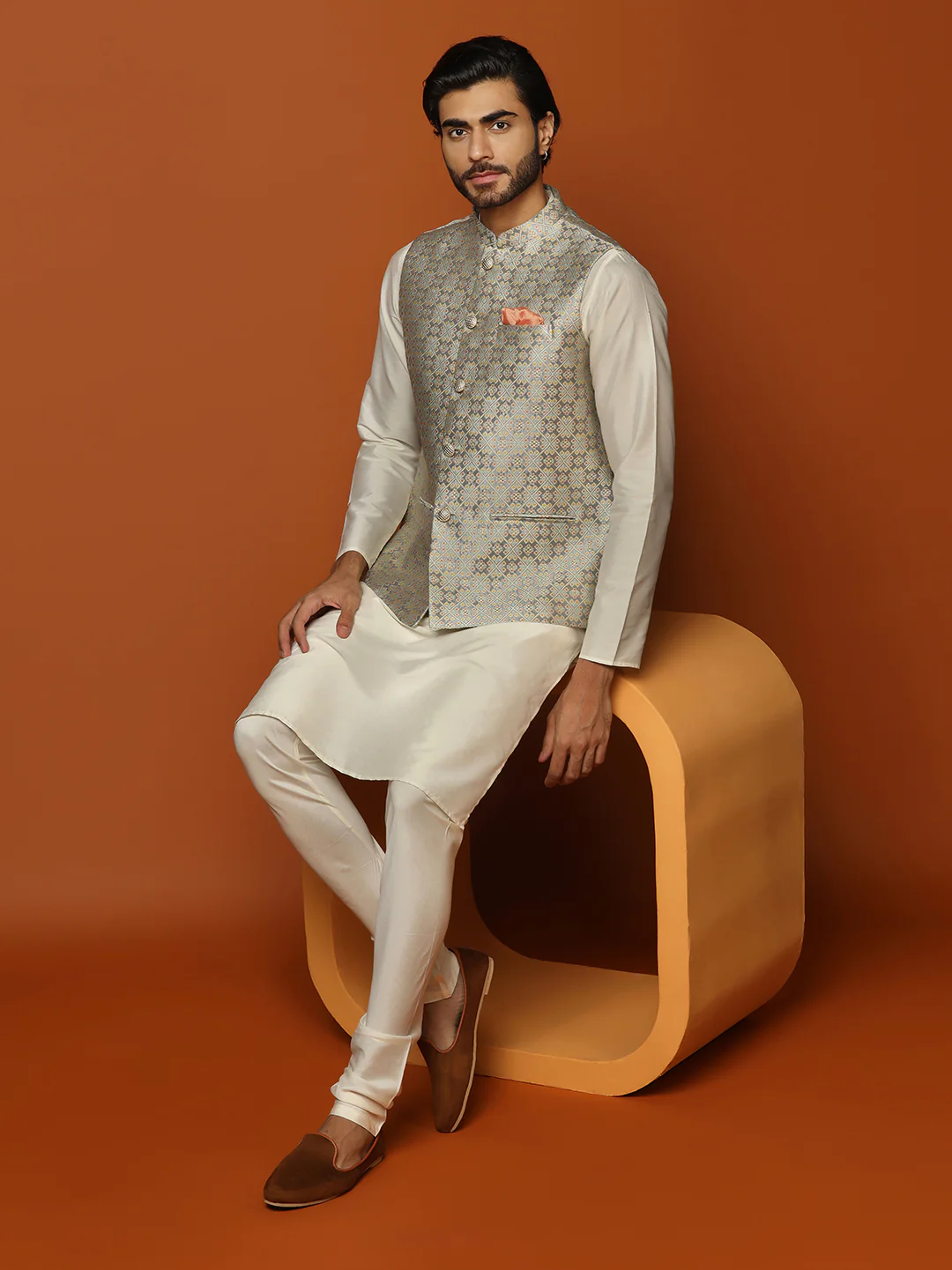 Cream Silk Blend Textured Nehru Jacket Kurta Churidar - Image 8