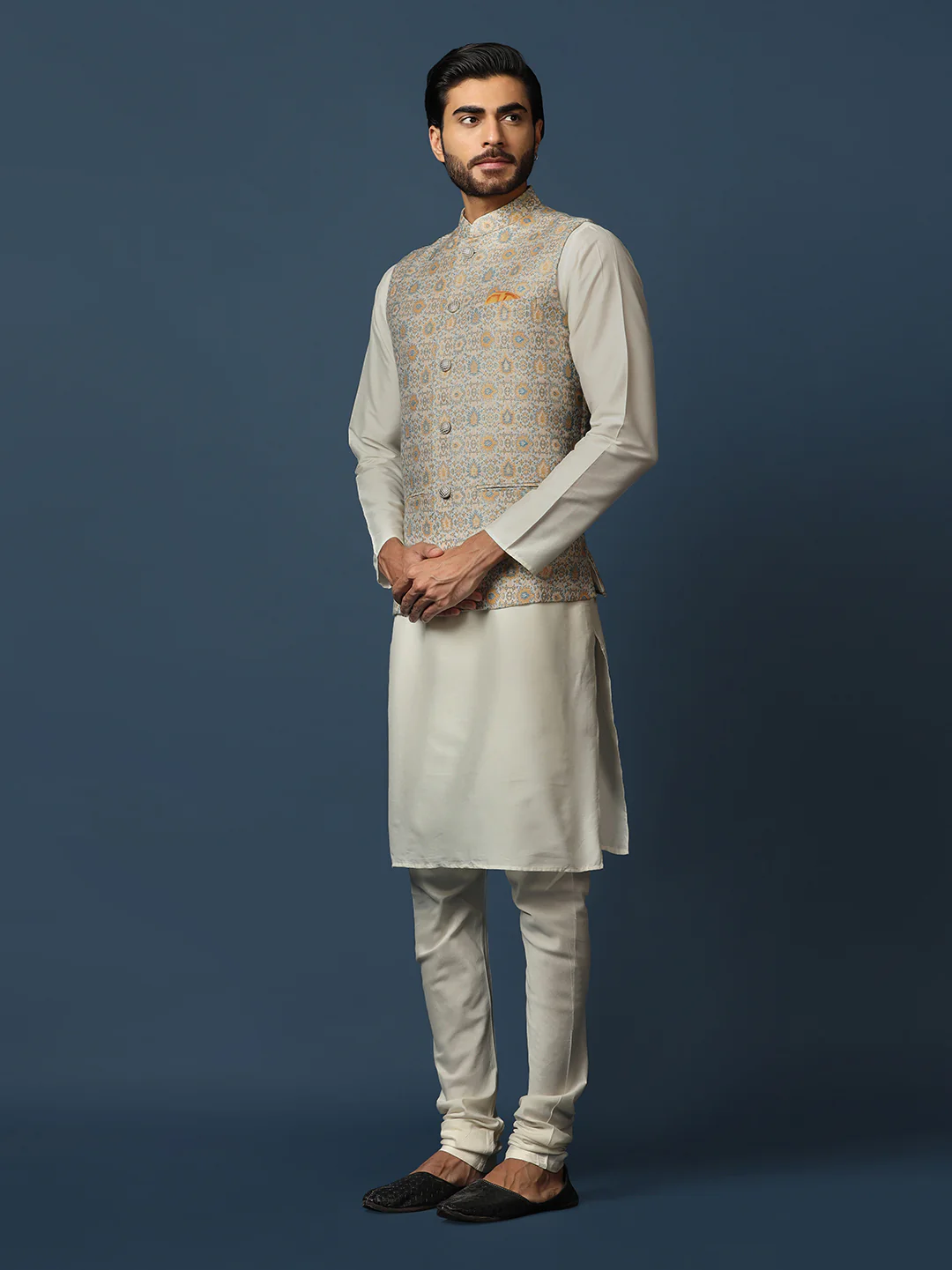Cream Silk Blend Textured Nehru Jacket Kurta Churidar - Image 3