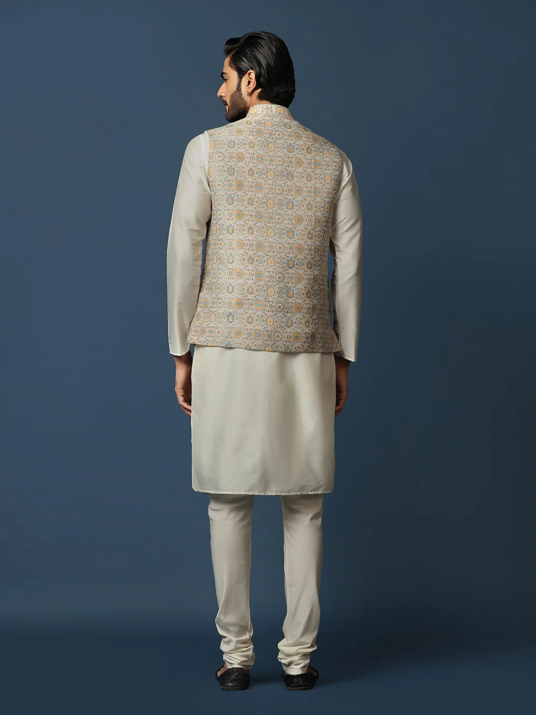 Cream Silk Blend Textured Nehru Jacket Kurta Churidar - Image 4