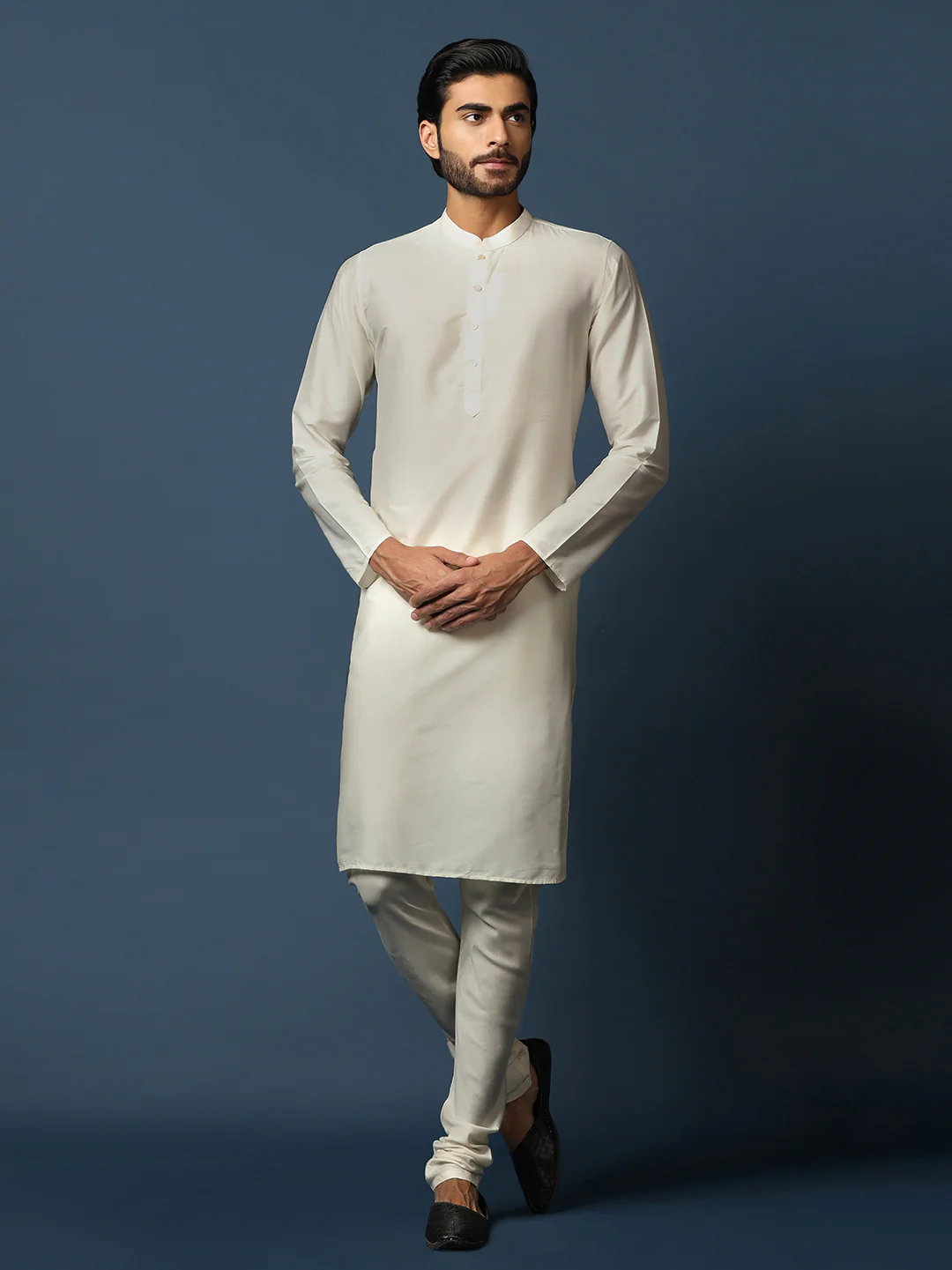 Cream Silk Blend Textured Nehru Jacket Kurta Churidar - Image 5