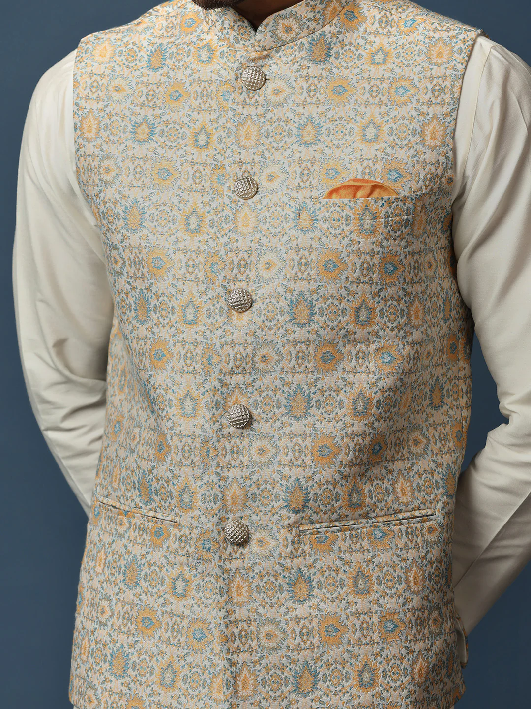 Cream Silk Blend Textured Nehru Jacket Kurta Churidar - Image 6