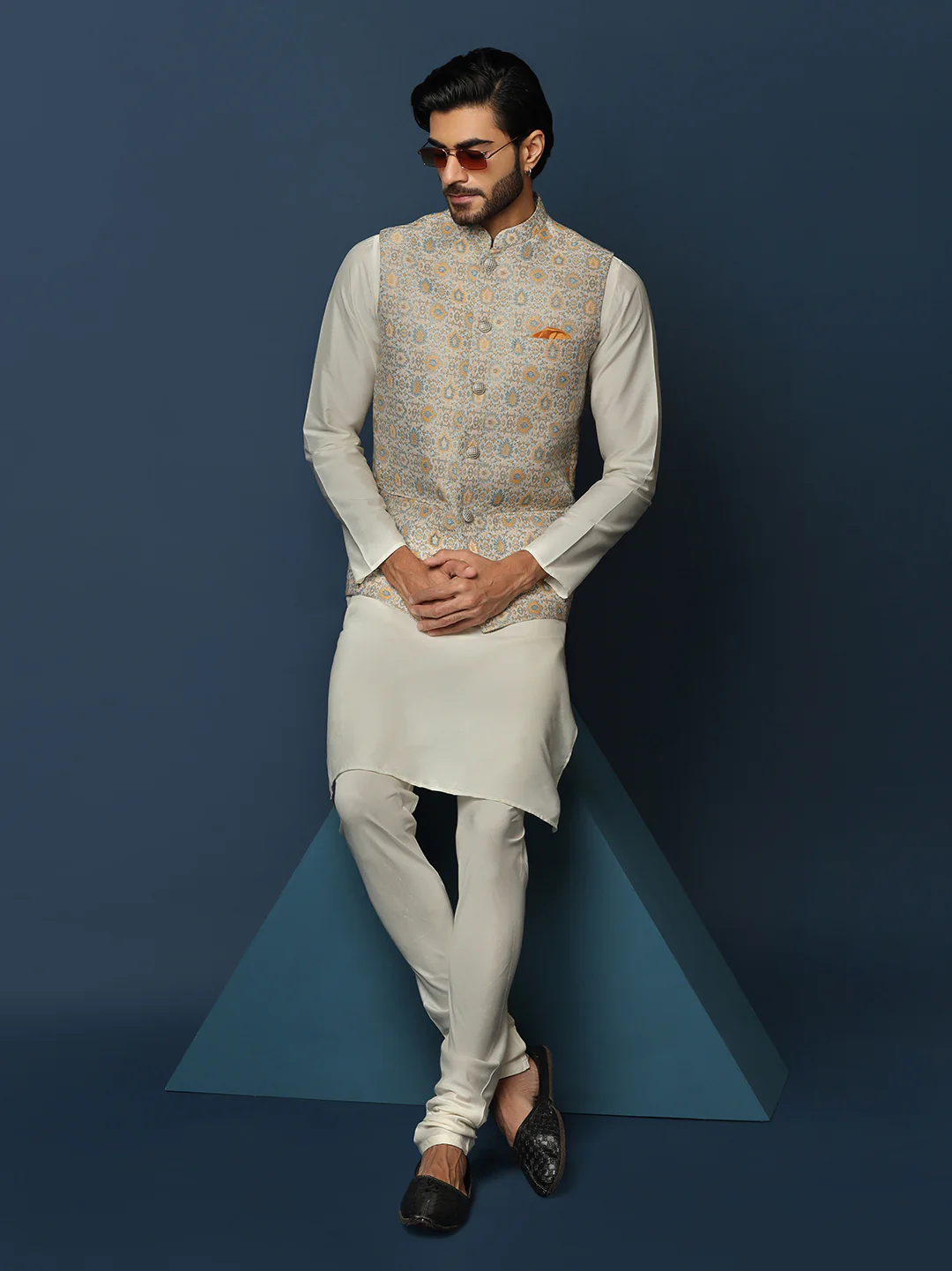 Cream Silk Blend Textured Nehru Jacket Kurta Churidar - Image 8