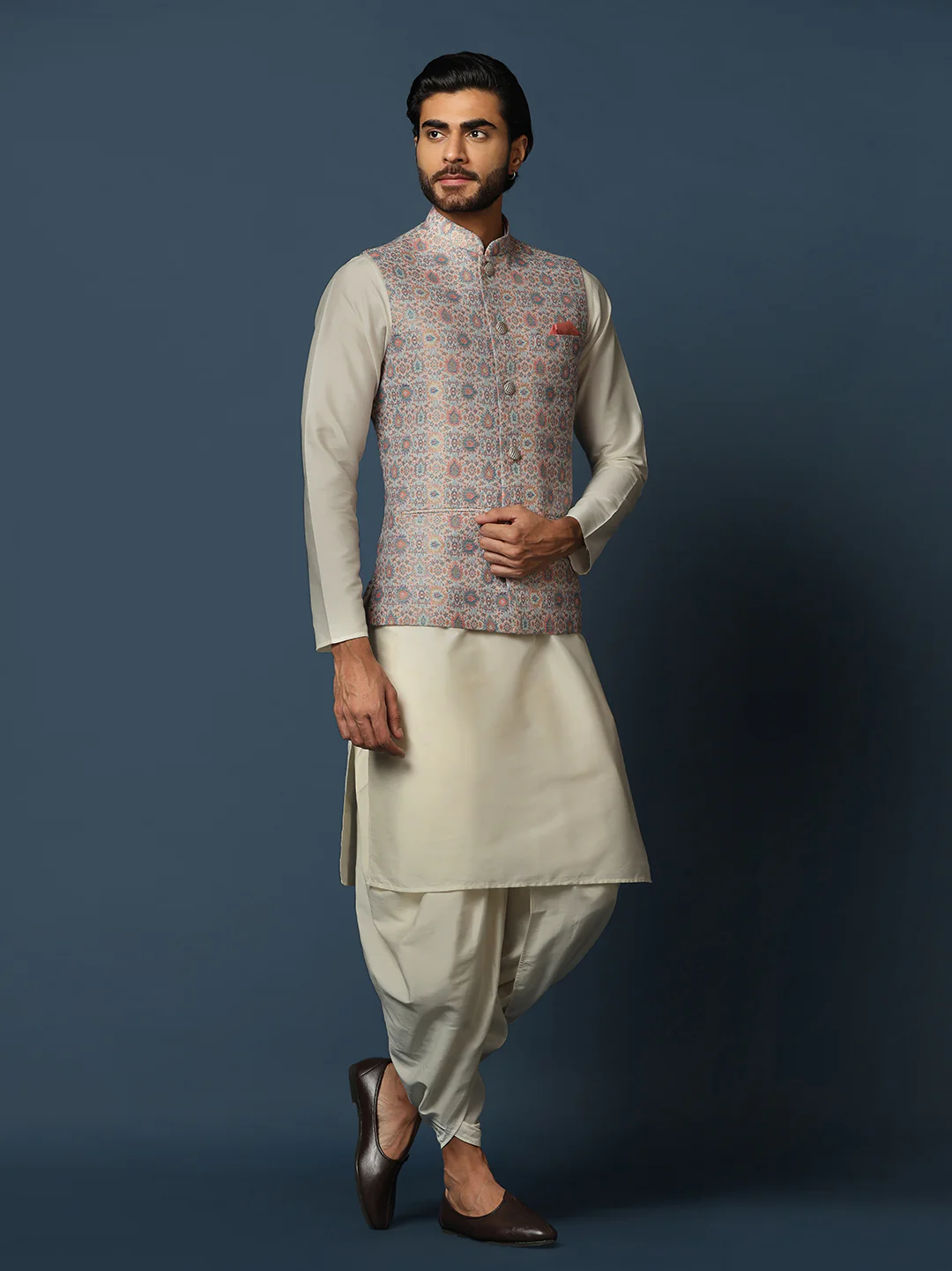 Men's Multicolored Kurta Jacket Dhoti Set - Image 2