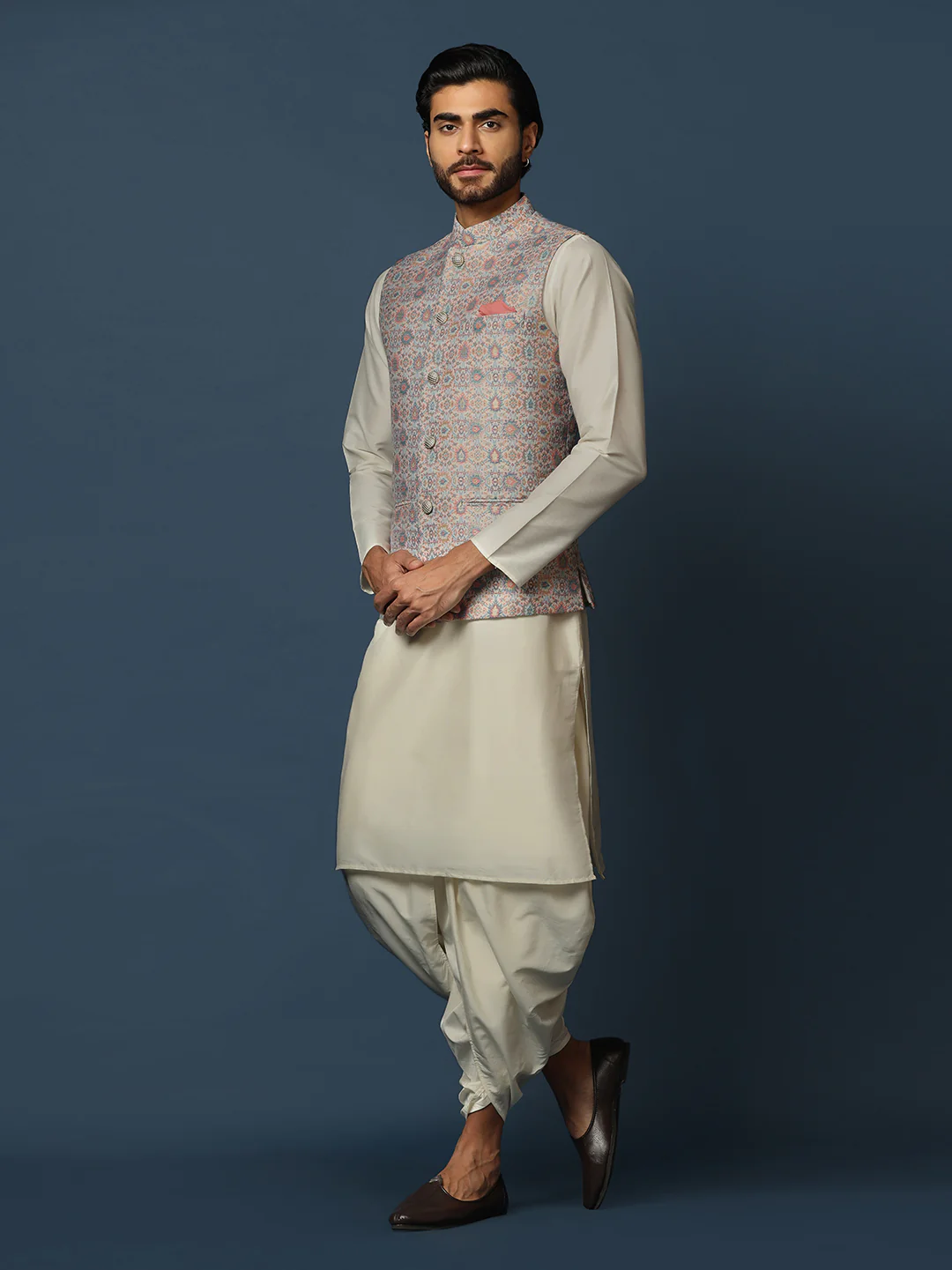Men's Multicolored Kurta Jacket Dhoti Set - Image 3