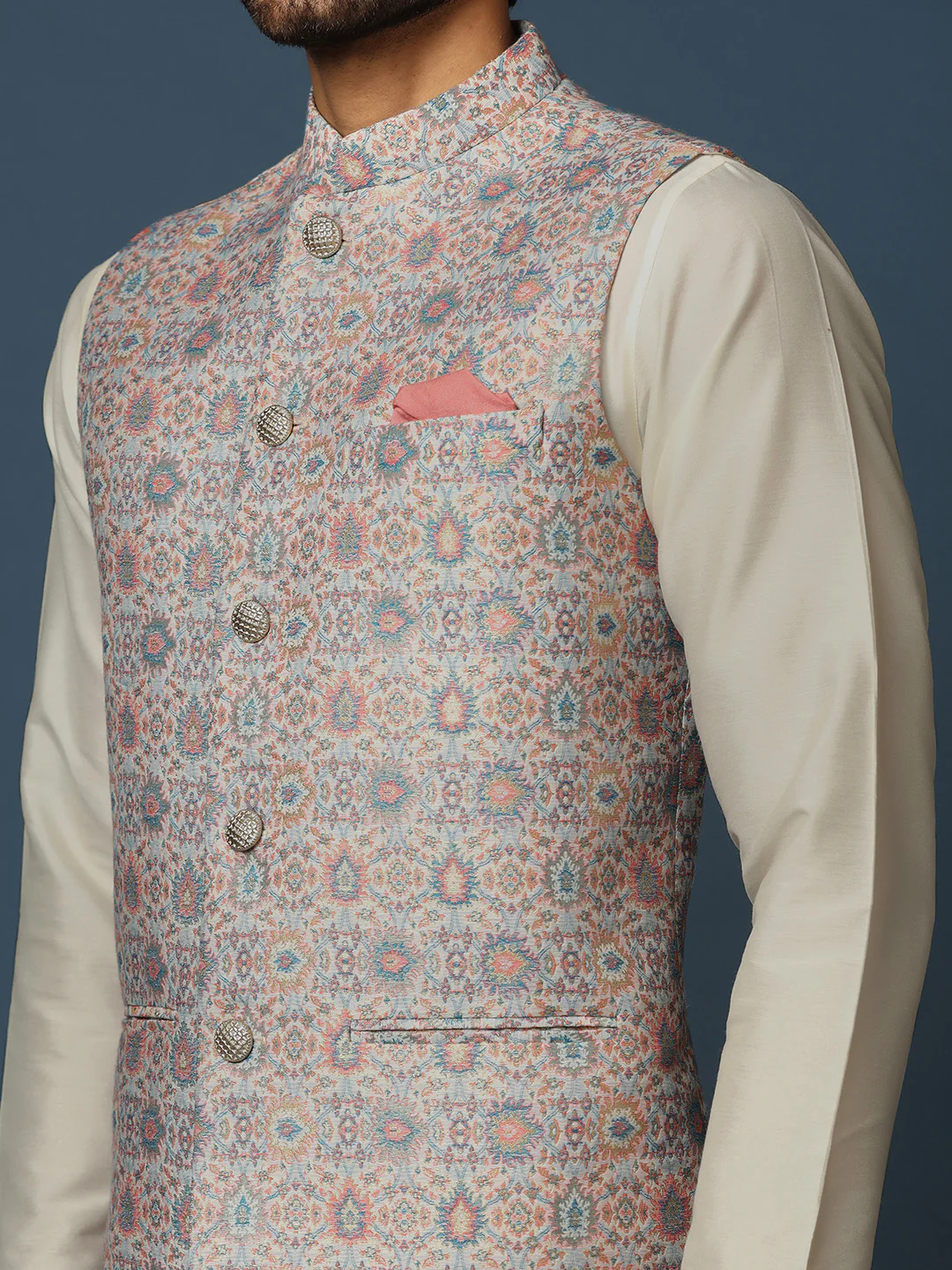 Men's Multicolored Kurta Jacket Dhoti Set - Image 6