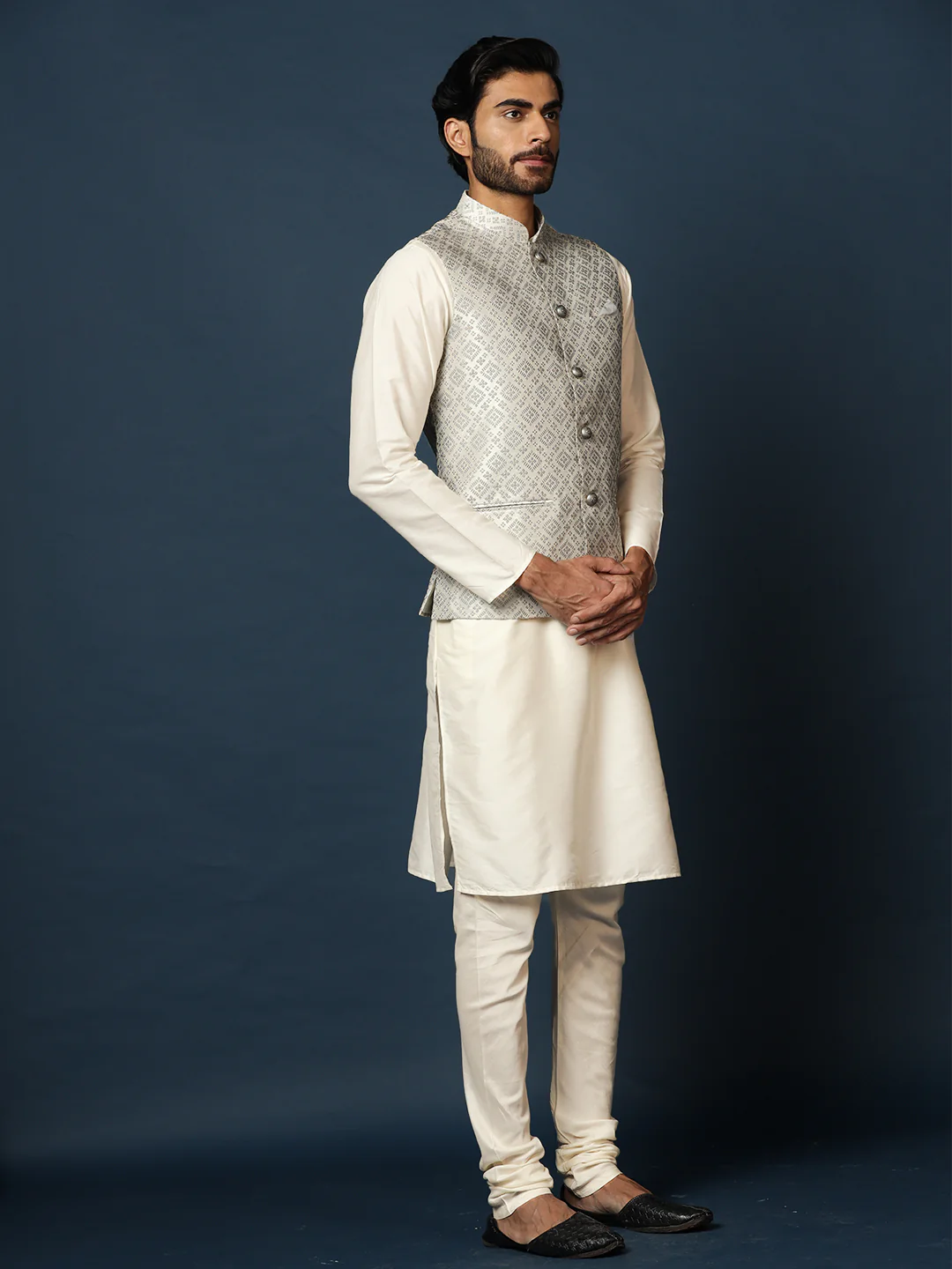 Cream Silk Blend Woven Nehru Jacket Kurta Churidar Set - Image 2
