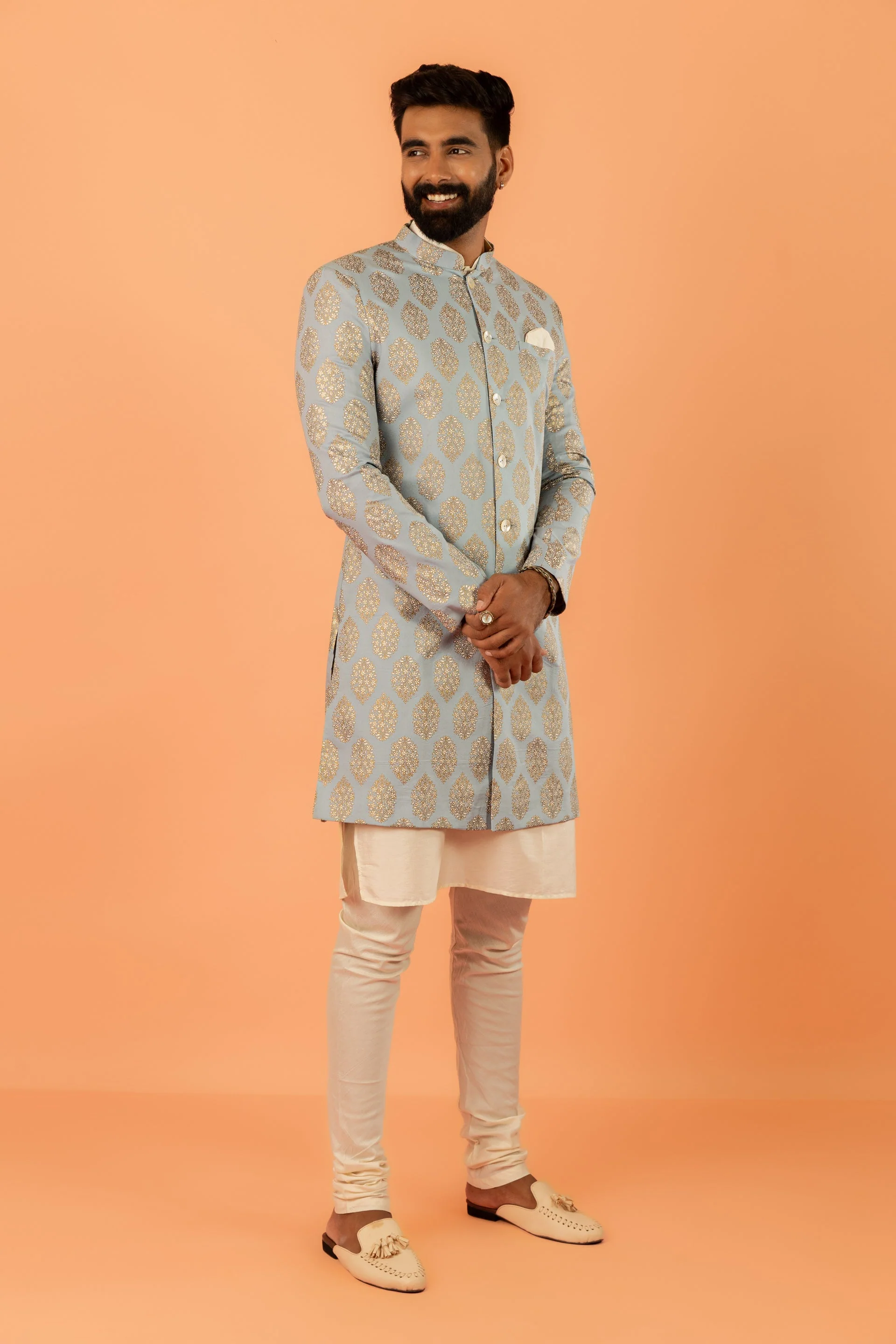 Light Blue Silk Blend Jacquard Sherwani Set - Image 10