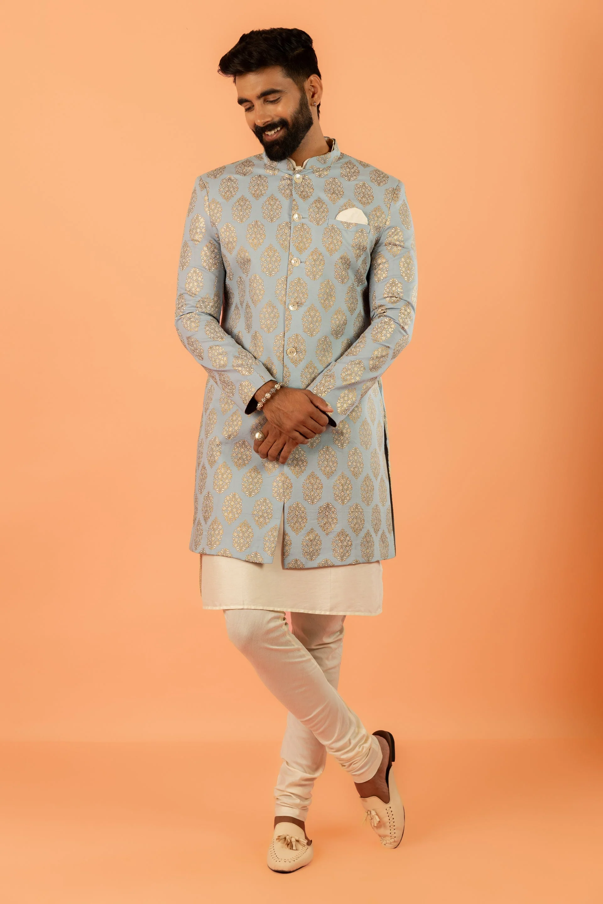 Light Blue Silk Blend Jacquard Sherwani Set - Image 15