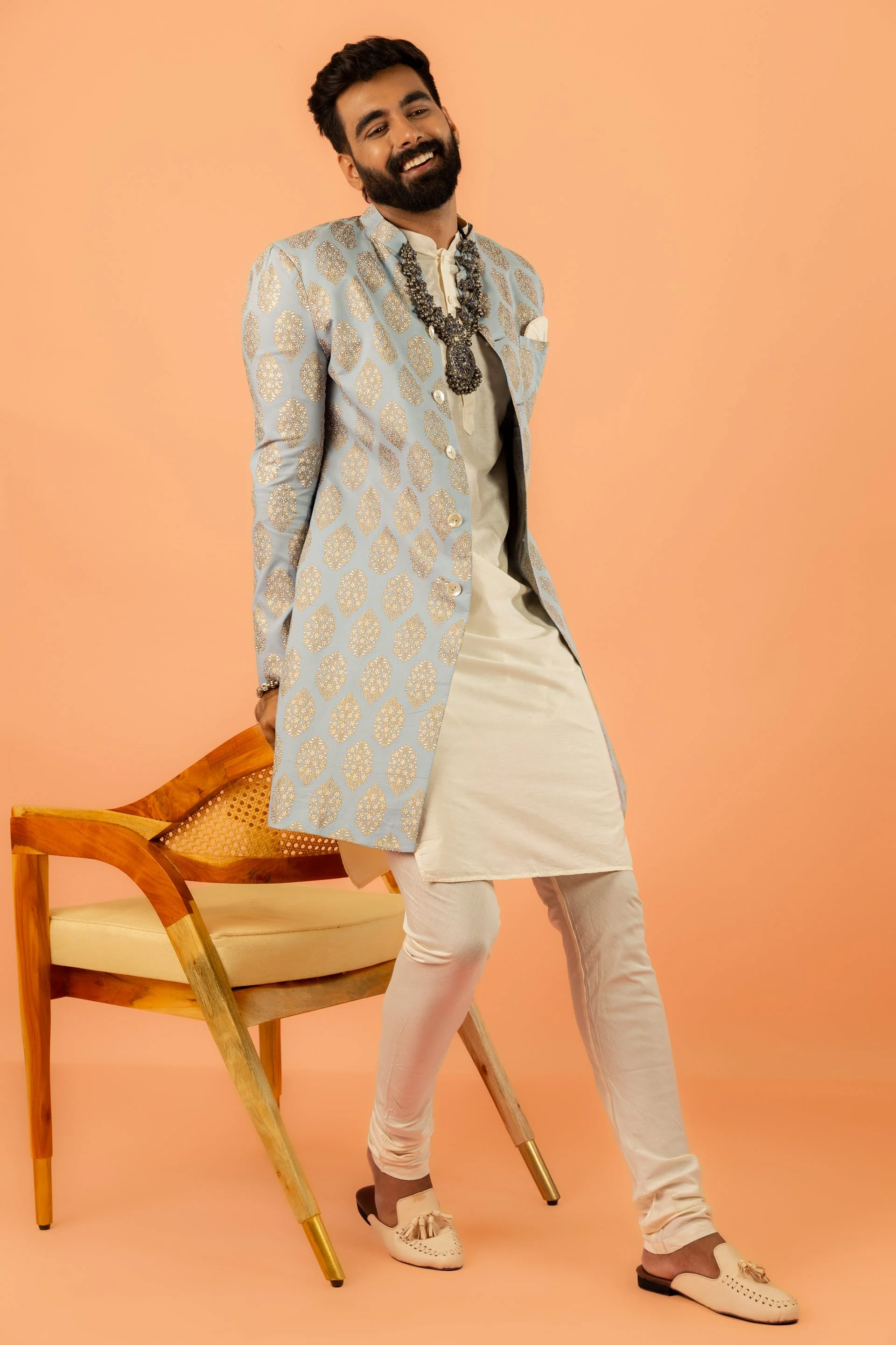 Light Blue Silk Blend Jacquard Sherwani Set - Image 17
