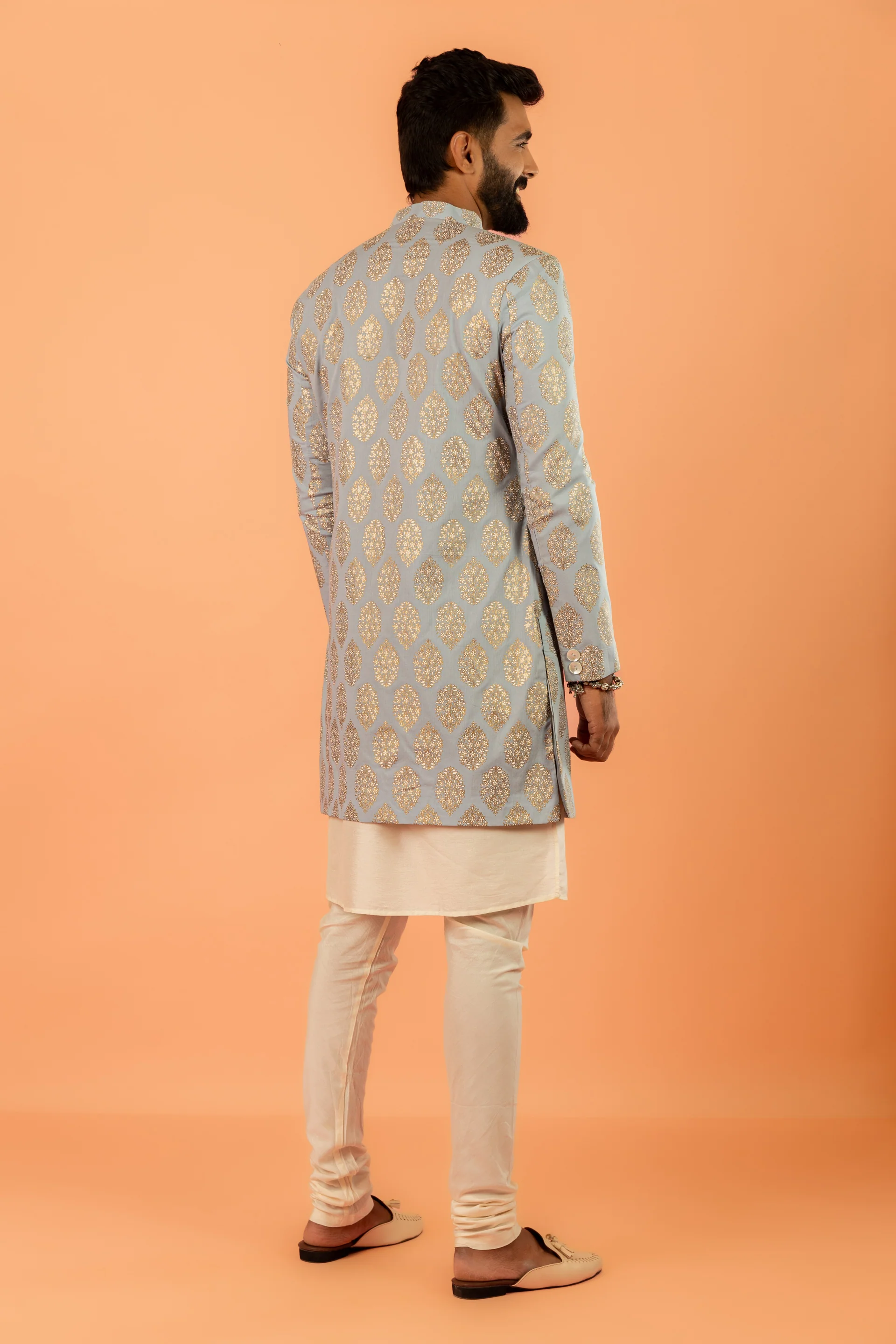 Light Blue Silk Blend Jacquard Sherwani Set - Image 3