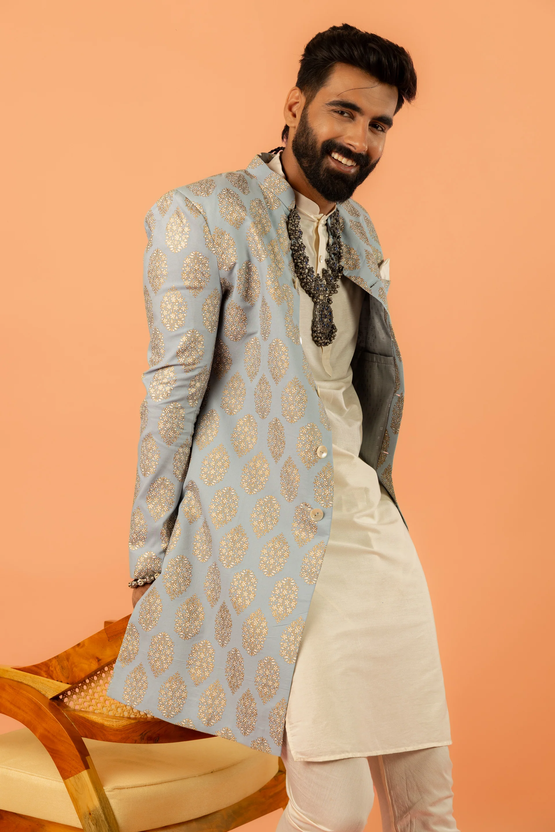 Light Blue Silk Blend Jacquard Sherwani Set - Image 8