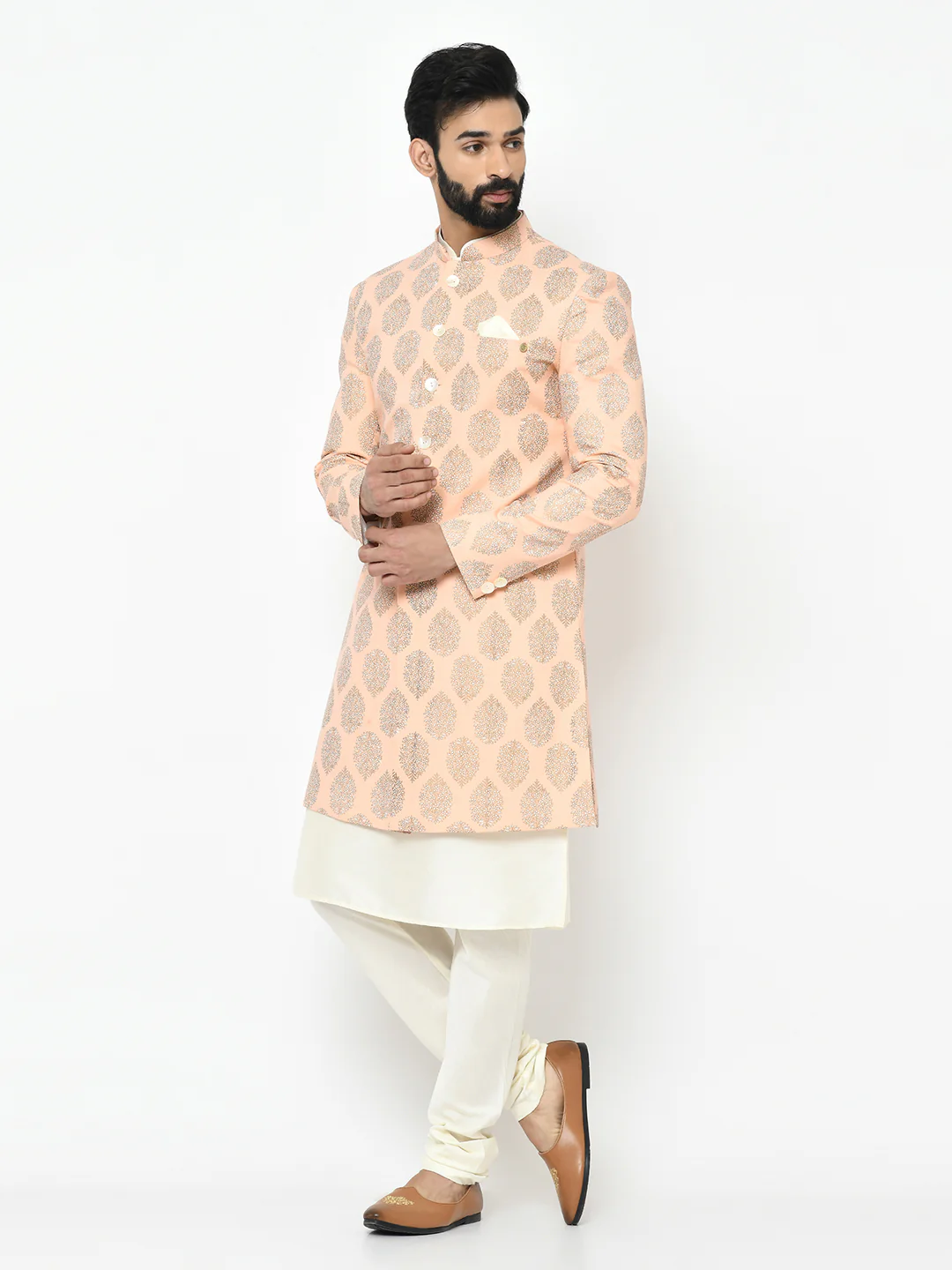 Men's Pink Indowestern Set With Kurta and Churidar - Image 3