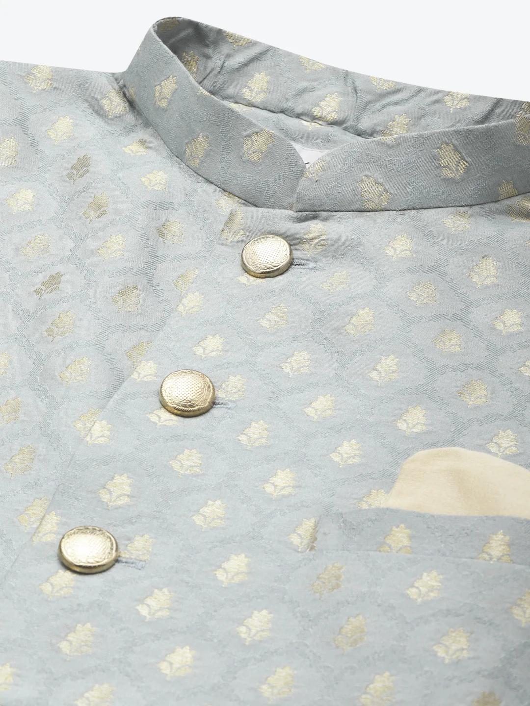 Men Blue Textured Kurta Indowestern Churidar Set - Image 2