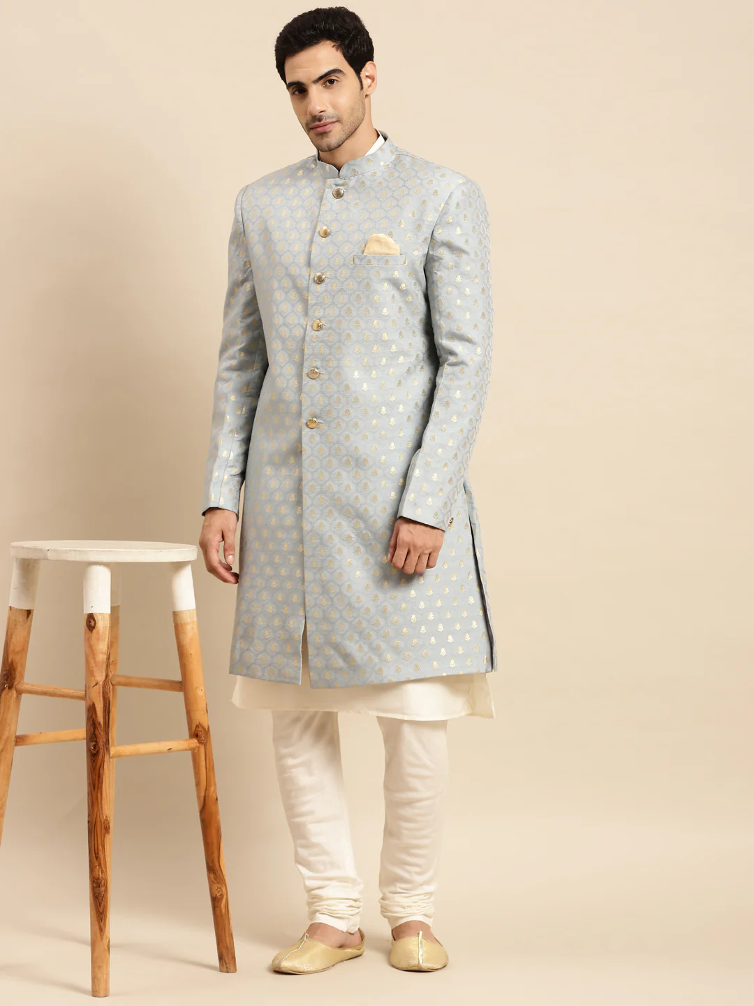Men Blue Textured Kurta Indowestern Churidar Set - Image 7