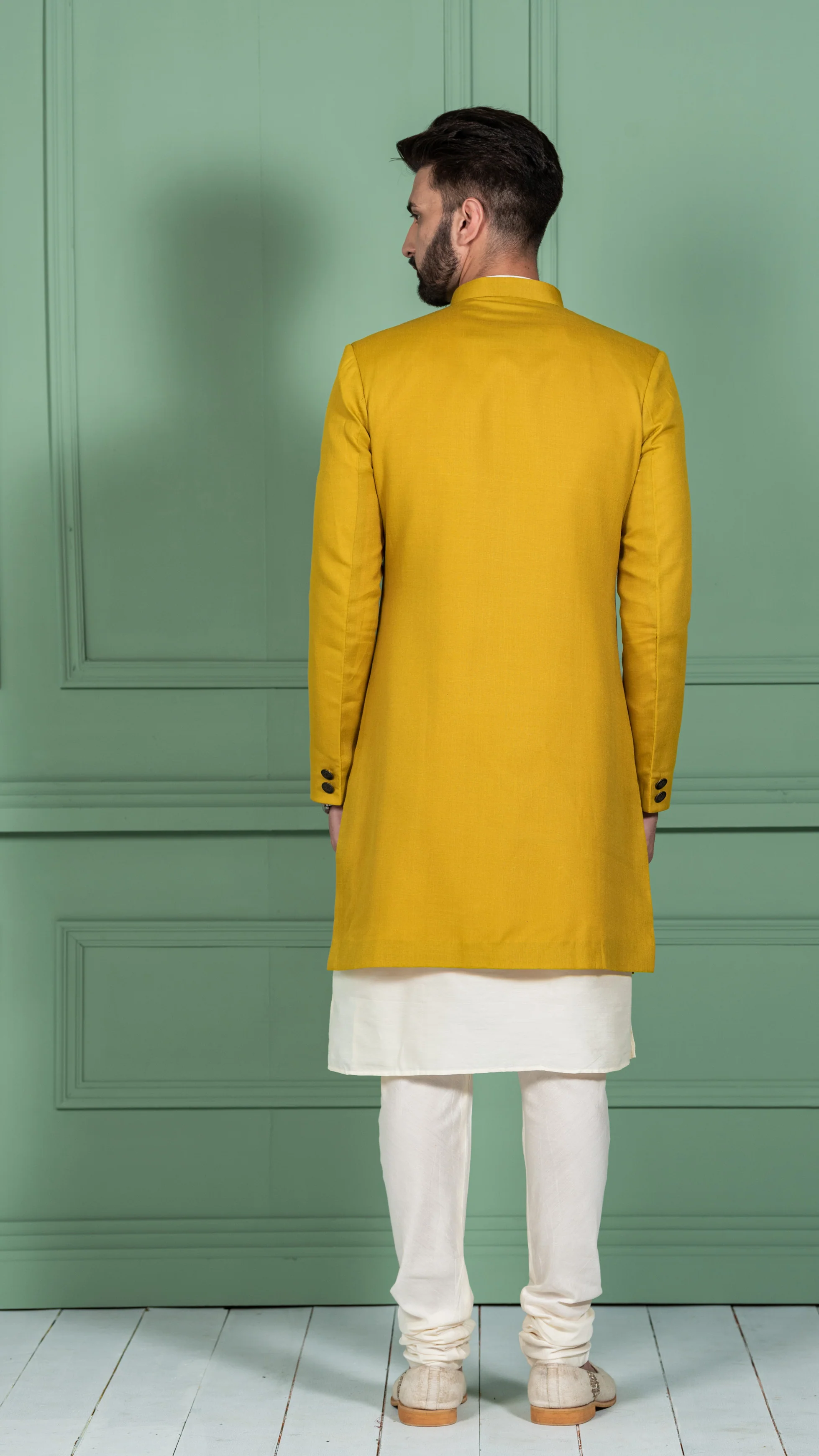 Men Mustard Yellow Solid Kurta Indowestern Churidar Set - Image 3