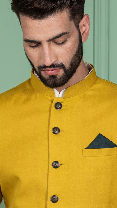 Men Mustard Yellow Solid Kurta Indowestern Churidar Set - Image 5