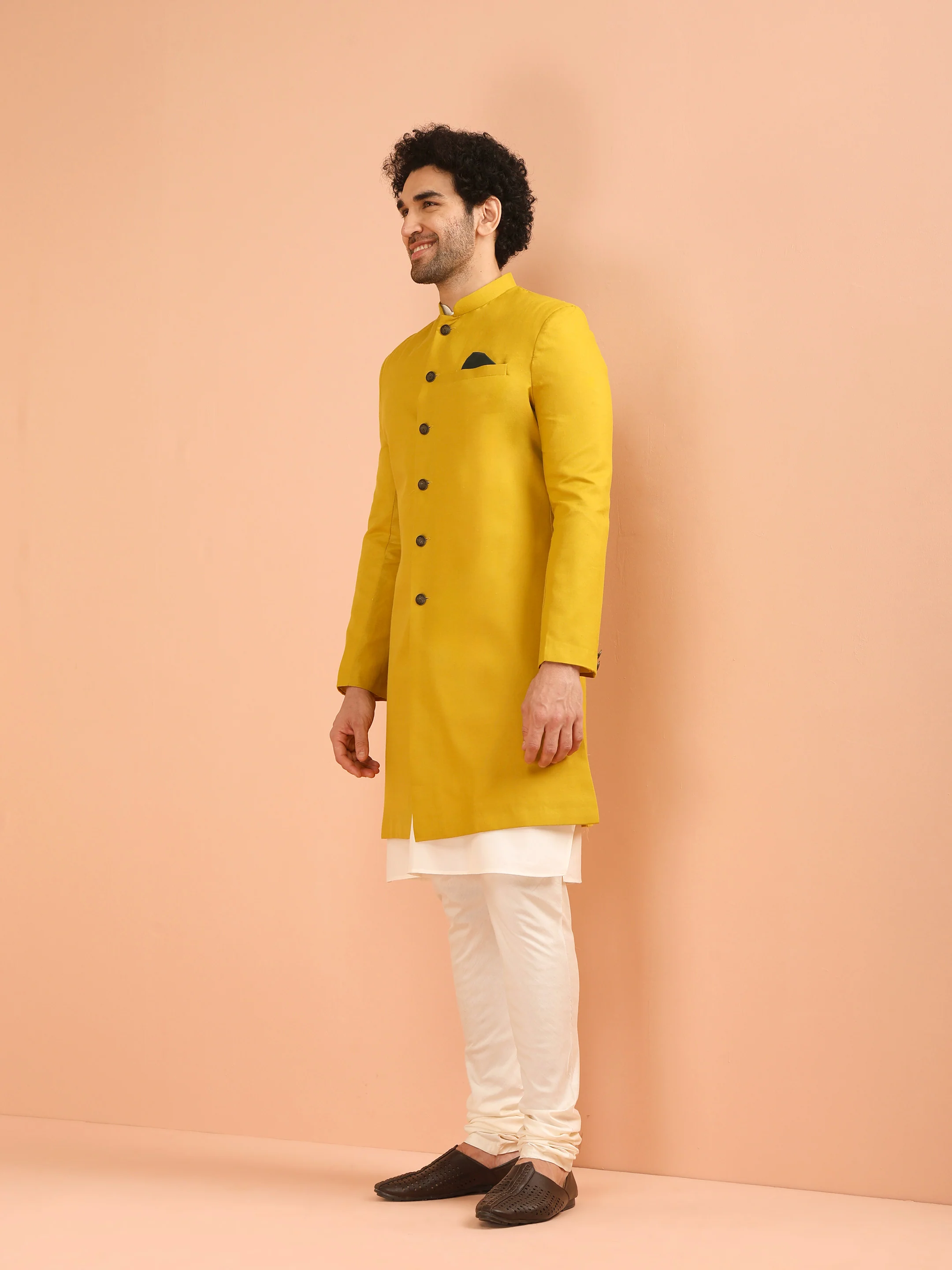 Men Yellow Solid Dyed Kurta Indowestern Churidar Set - Image 2
