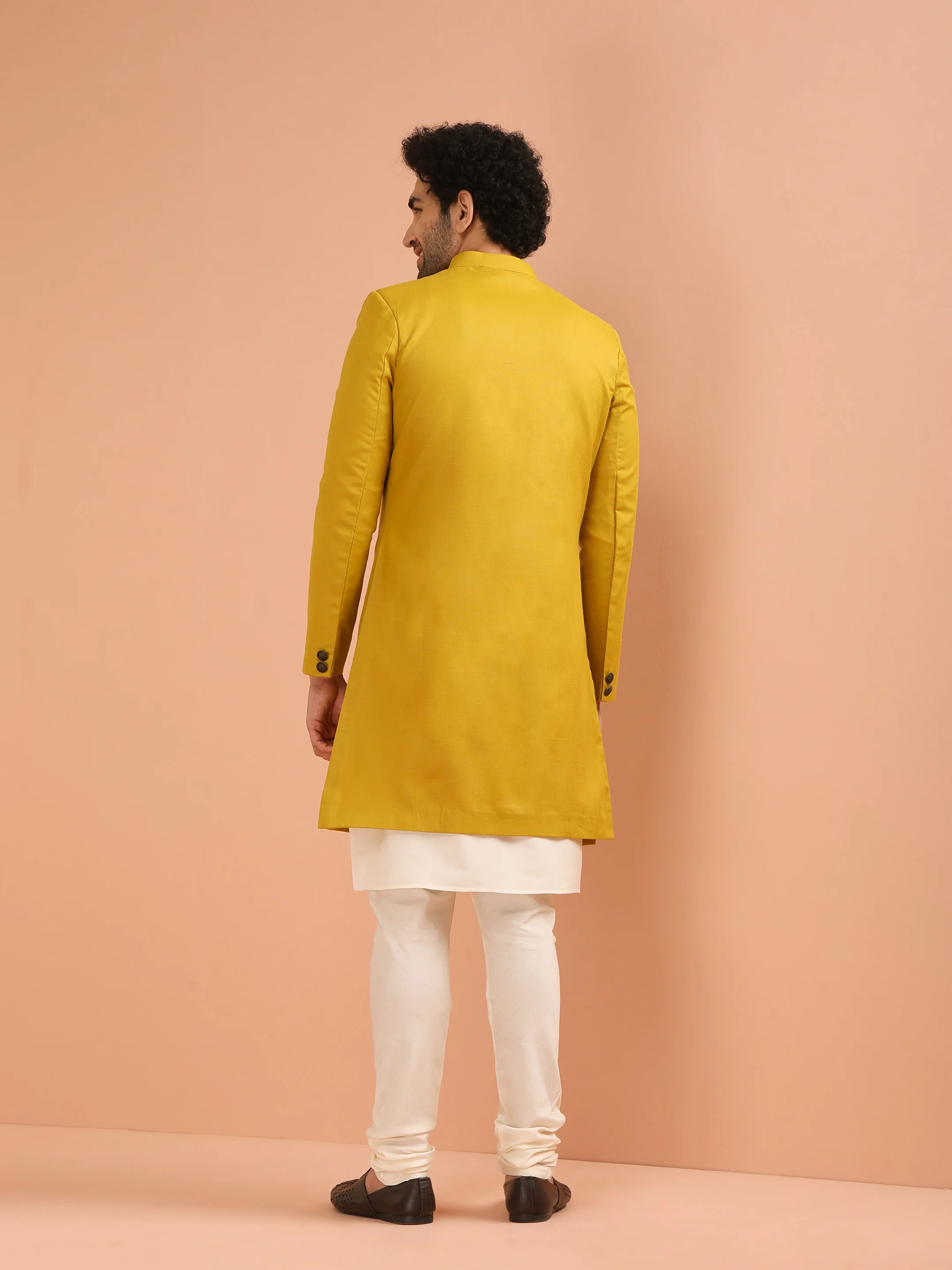 Men Yellow Solid Dyed Kurta Indowestern Churidar Set - Image 4