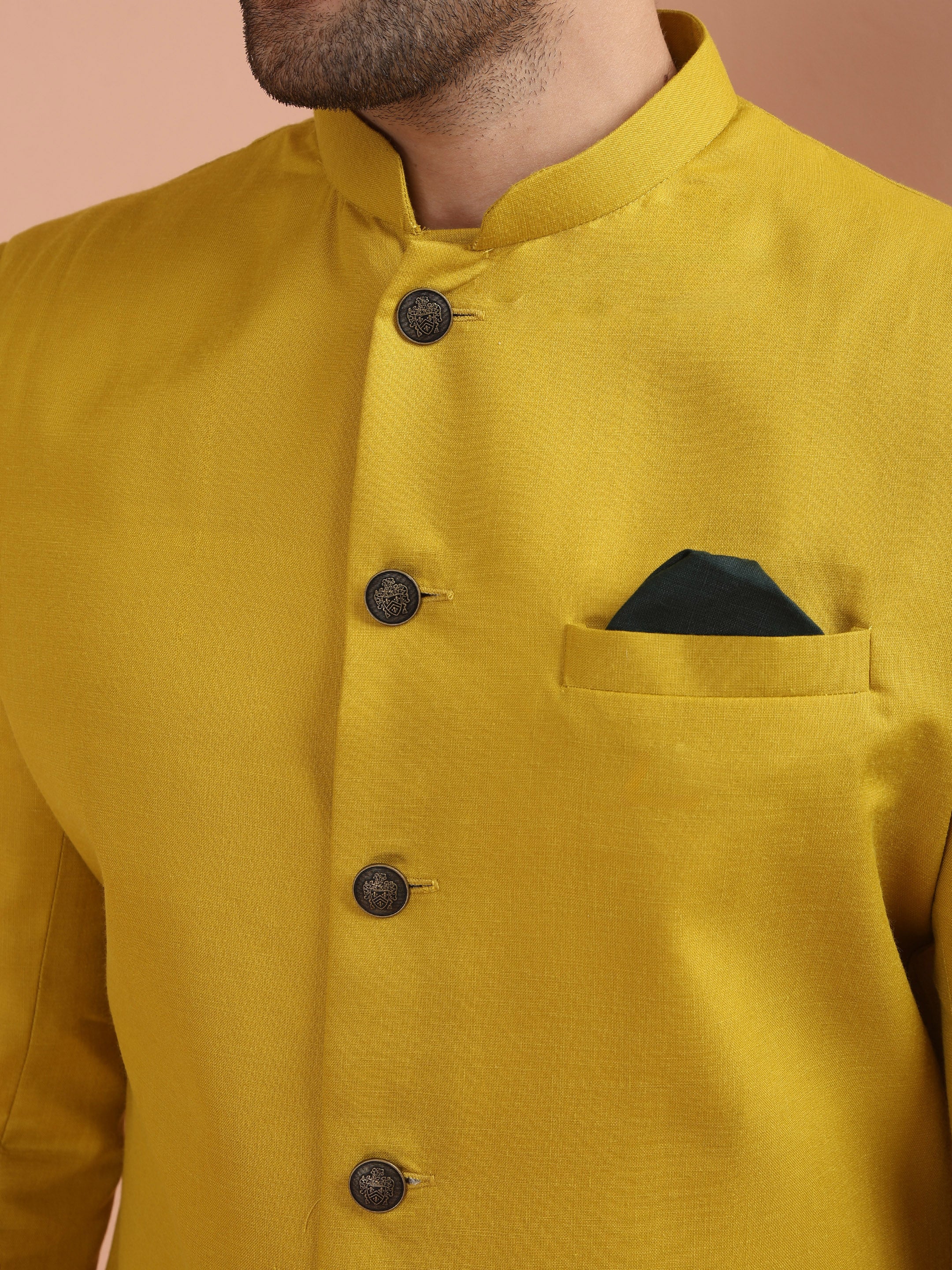 Men Yellow Solid Dyed Kurta Indowestern Churidar Set - Image 6