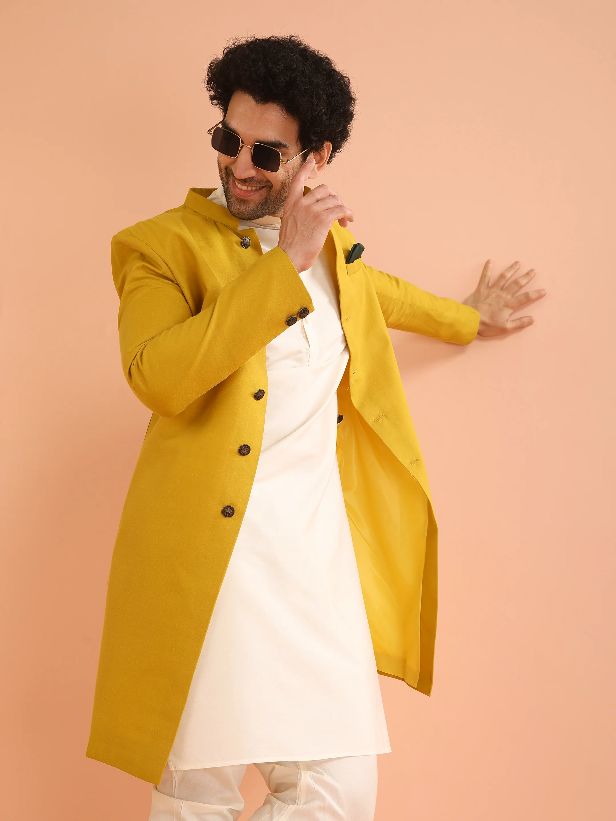 Men Yellow Solid Dyed Kurta Indowestern Churidar Set - Image 8