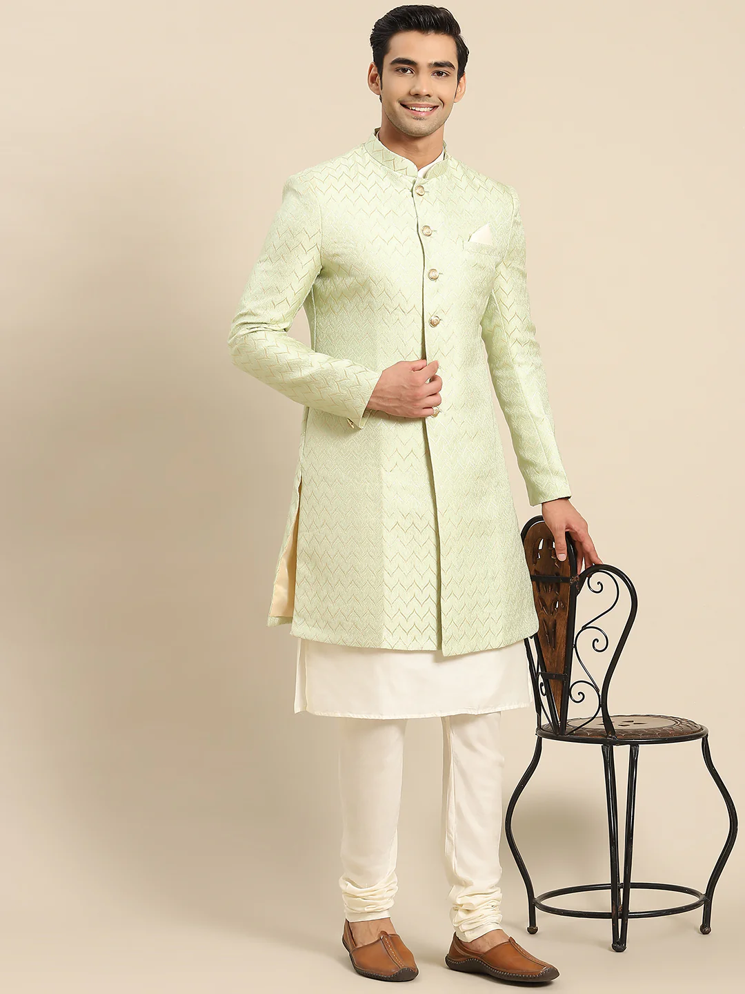 Men's Green Indowestern Set With Kurta and Churidar - Image 2