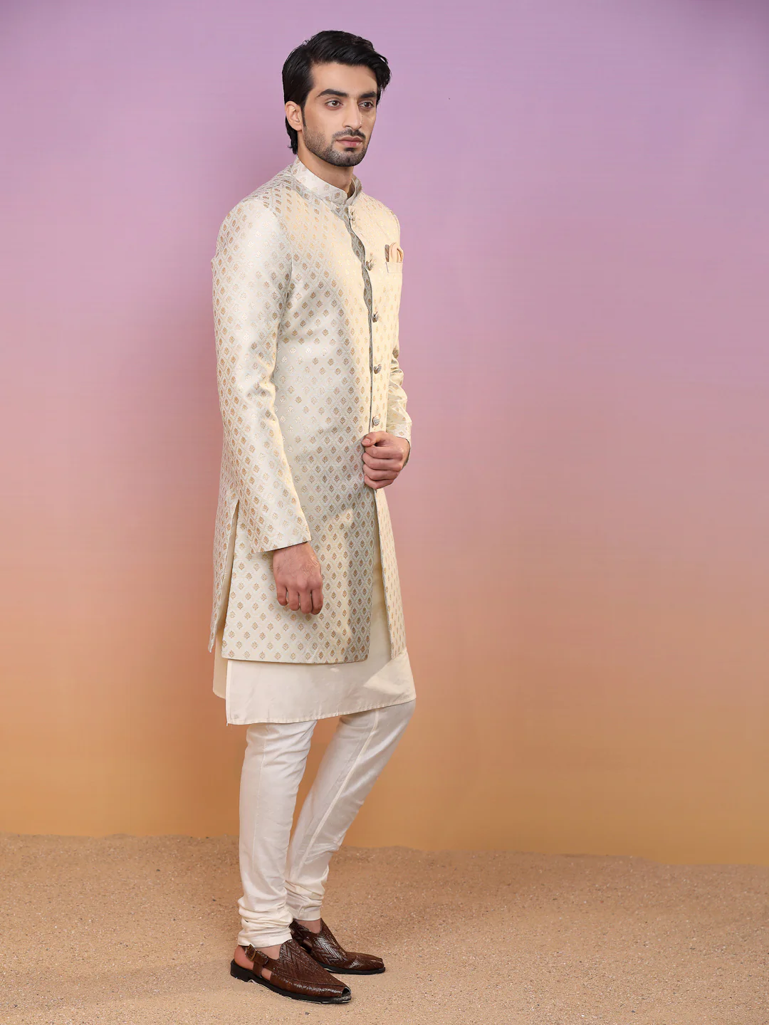 Men Cream Textured Kurta Indowestern Churidar Set - Image 2