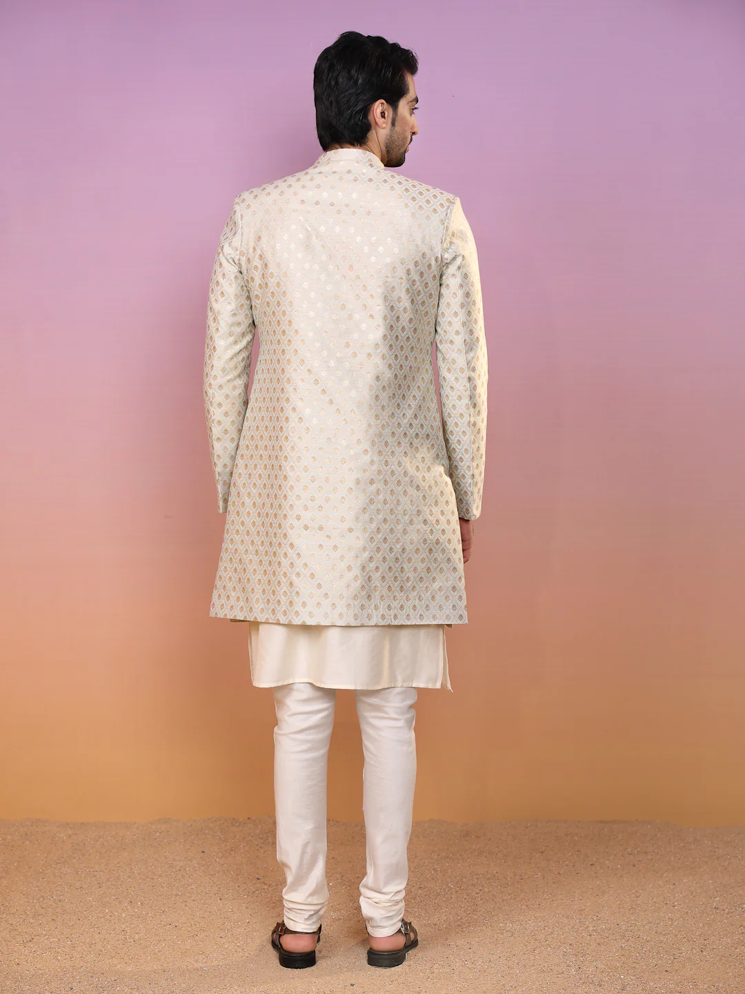 Men Cream Textured Kurta Indowestern Churidar Set - Image 4