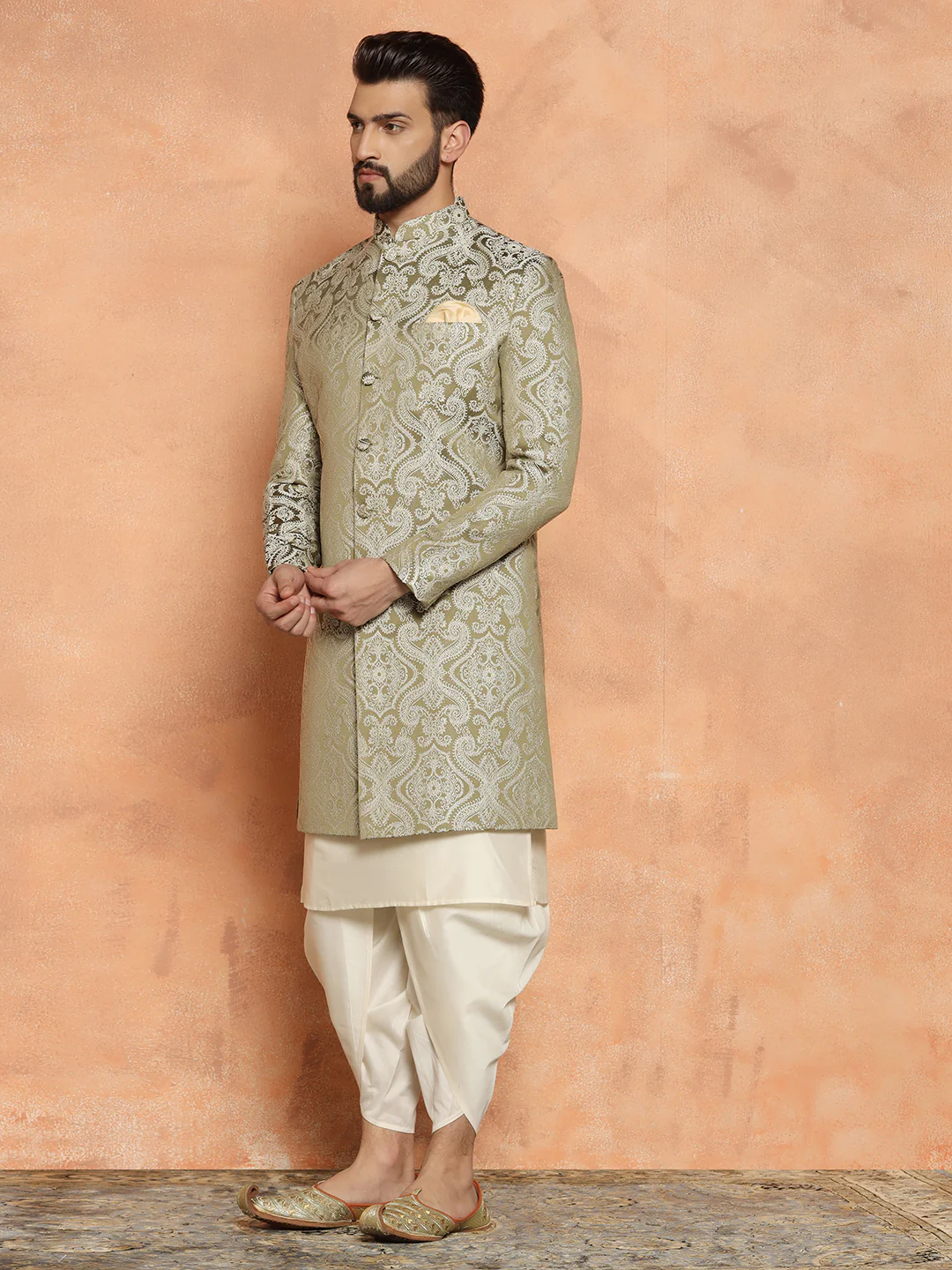 Olive Green Silk Blend Kurta Set with White Jacquard Indo-Western Jacket and Dhoti Pants – Wedding & Reception Ensemble - Image 3