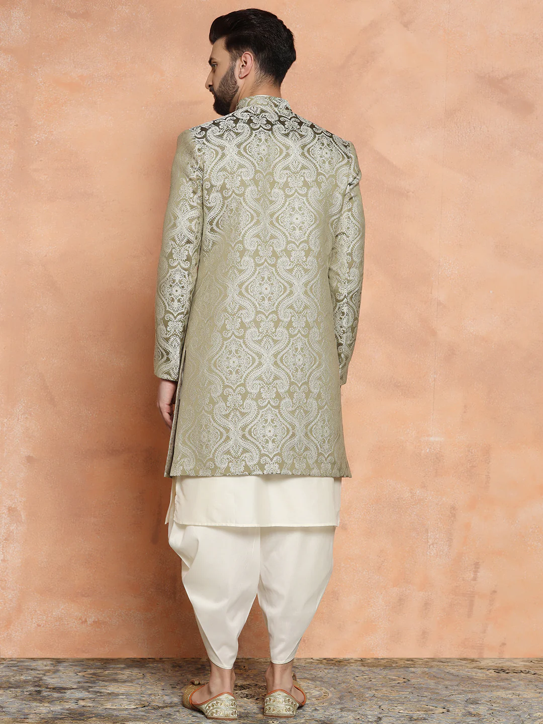 Olive Green Silk Blend Kurta Set with White Jacquard Indo-Western Jacket and Dhoti Pants – Wedding & Reception Ensemble - Image 4