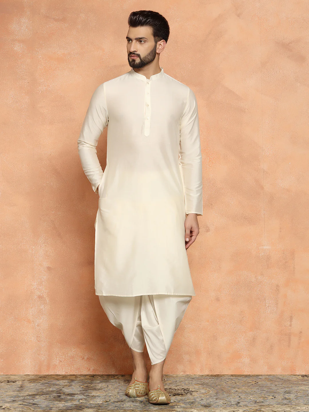 Olive Green Silk Blend Kurta Set with White Jacquard Indo-Western Jacket and Dhoti Pants – Wedding & Reception Ensemble - Image 5
