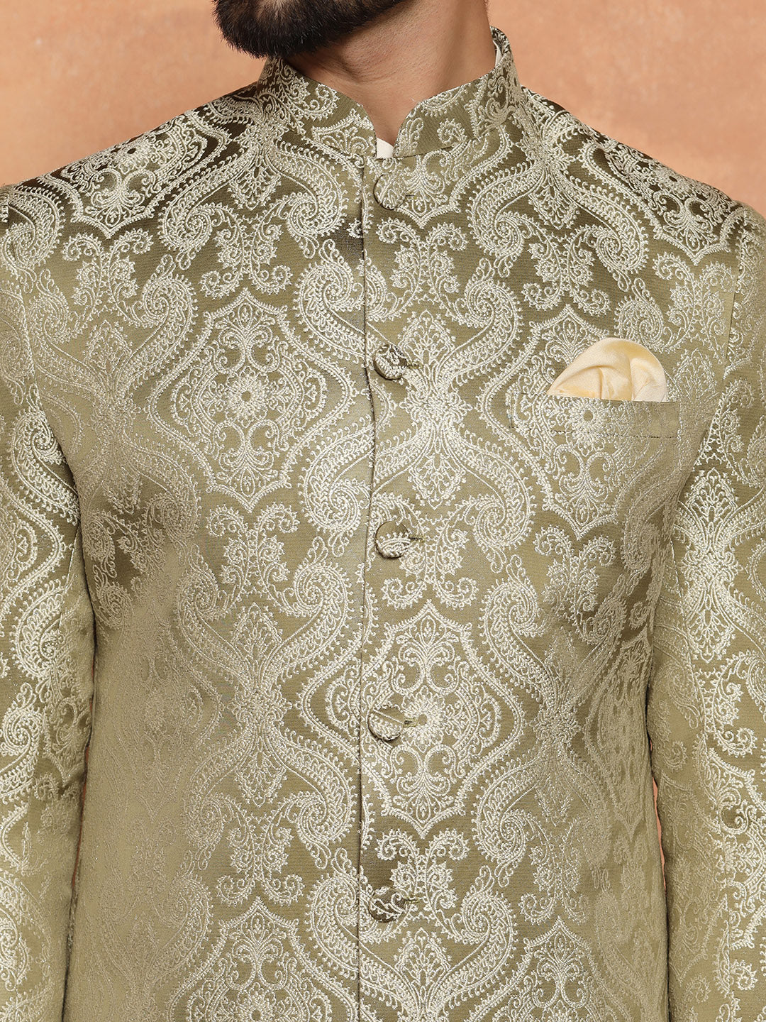Olive Green Silk Blend Kurta Set with White Jacquard Indo-Western Jacket and Dhoti Pants – Wedding & Reception Ensemble - Image 6