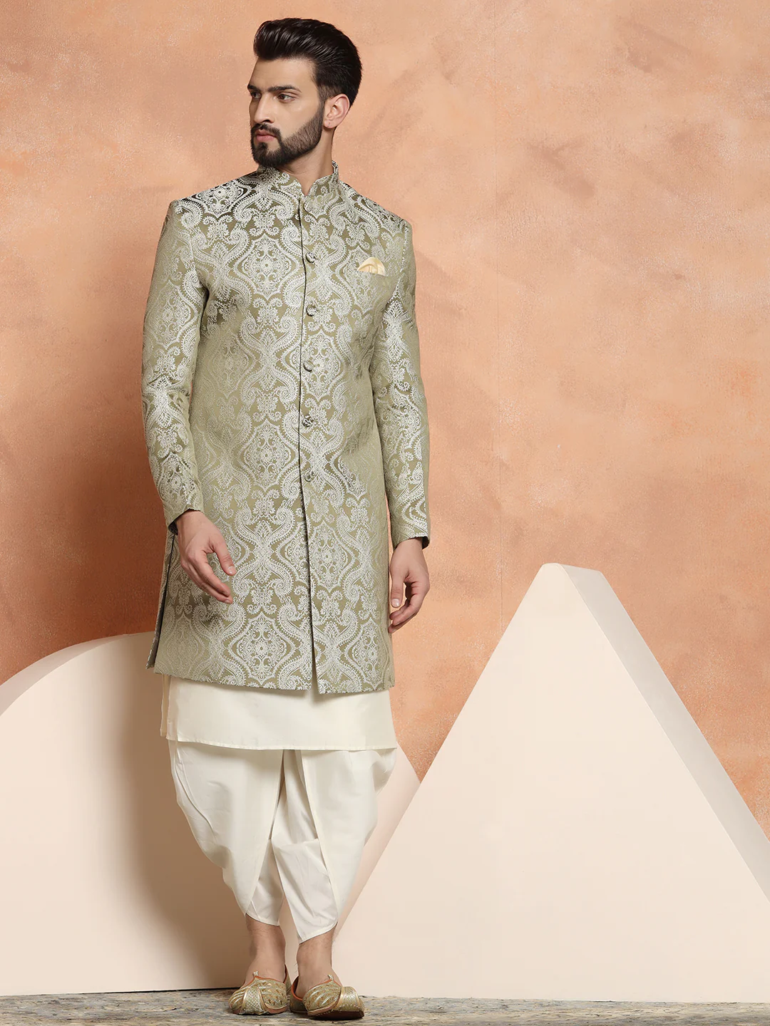 Olive Green Silk Blend Kurta Set with White Jacquard Indo-Western Jacket and Dhoti Pants – Wedding & Reception Ensemble - Image 8