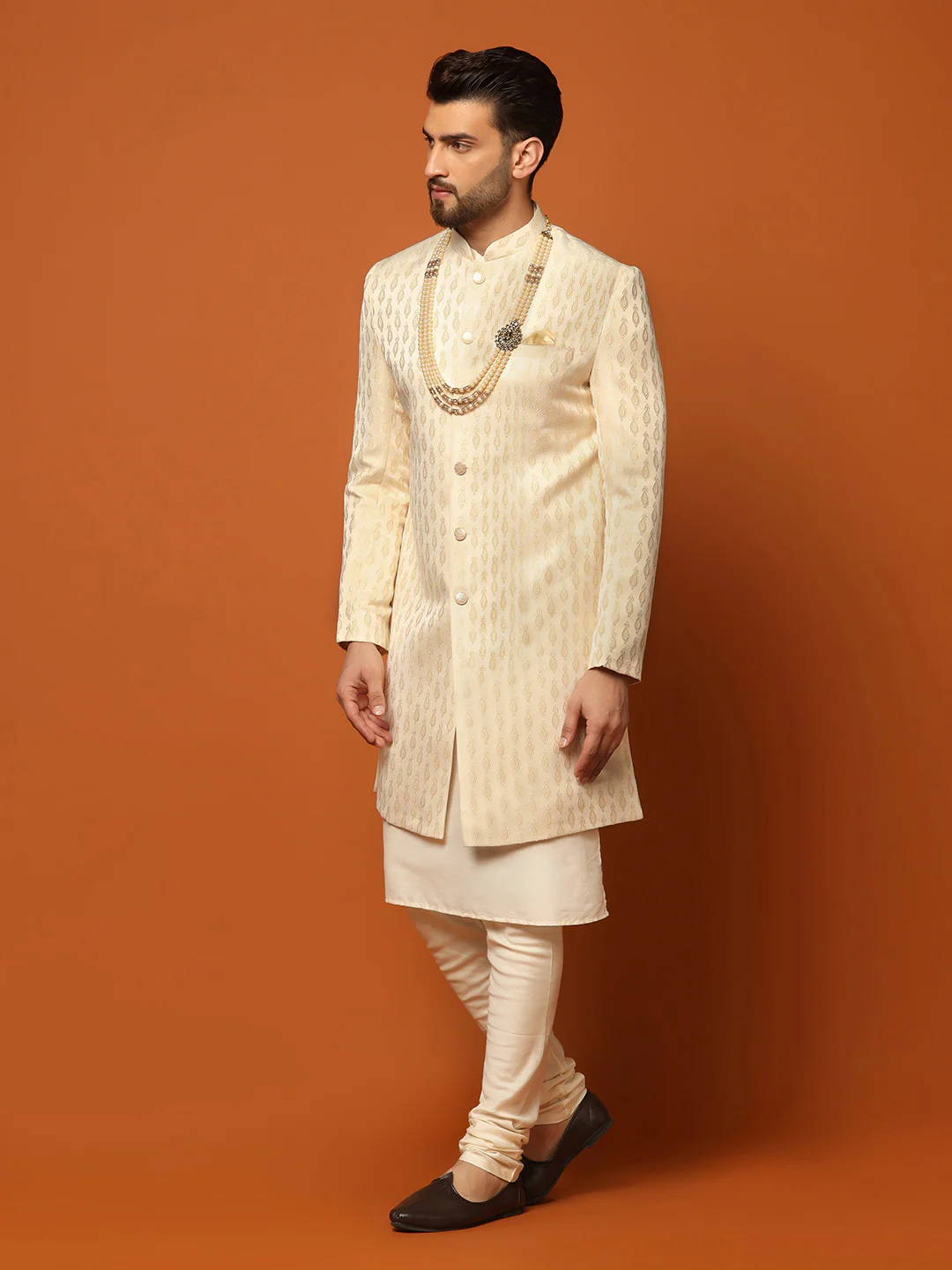 Cream Jacquard Sherwani Kurta Churidar Set - Image 3