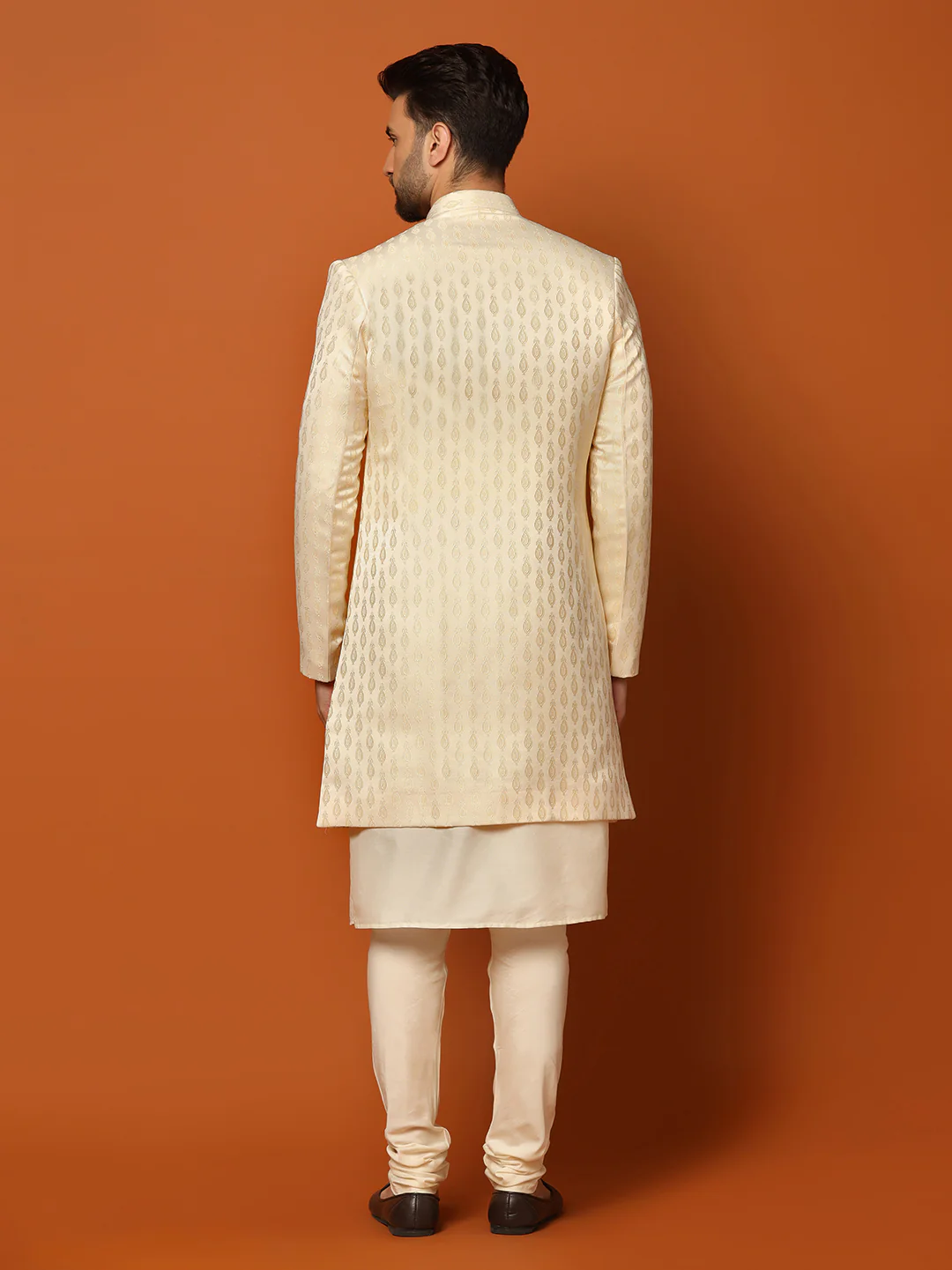 Cream Jacquard Sherwani Kurta Churidar Set - Image 4
