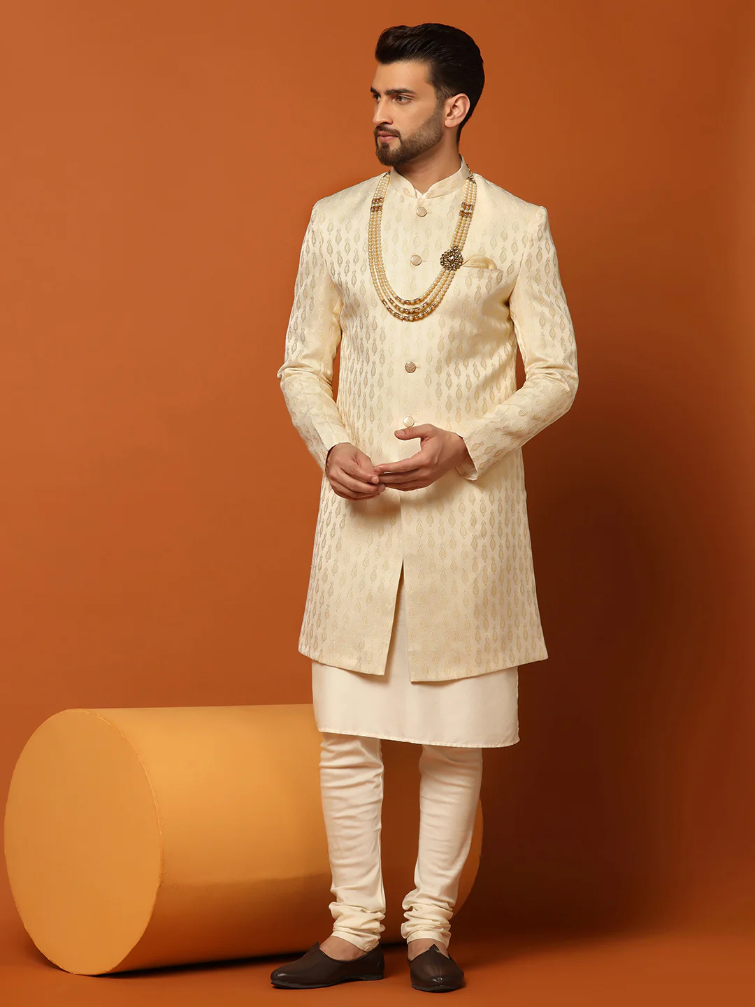 Cream Jacquard Sherwani Kurta Churidar Set - Image 8