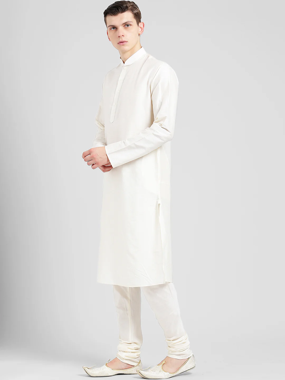 White Cotton Silk Solid Kurta Churidar Set - Image 3
