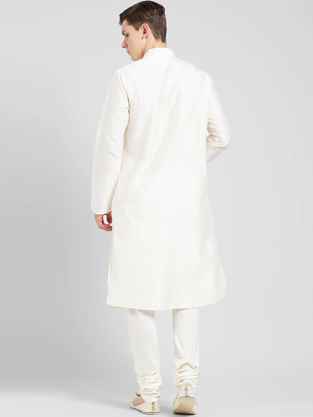 White Cotton Silk Solid Kurta Churidar Set - Image 4