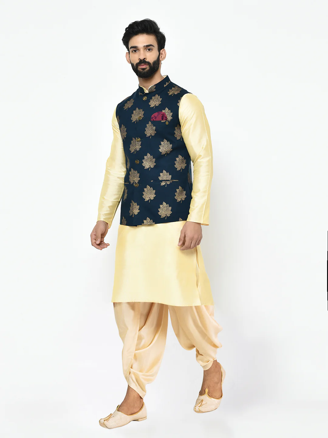 Kisah Men's Navy Blue Kurta Jacket Dhoti Set - Image 3