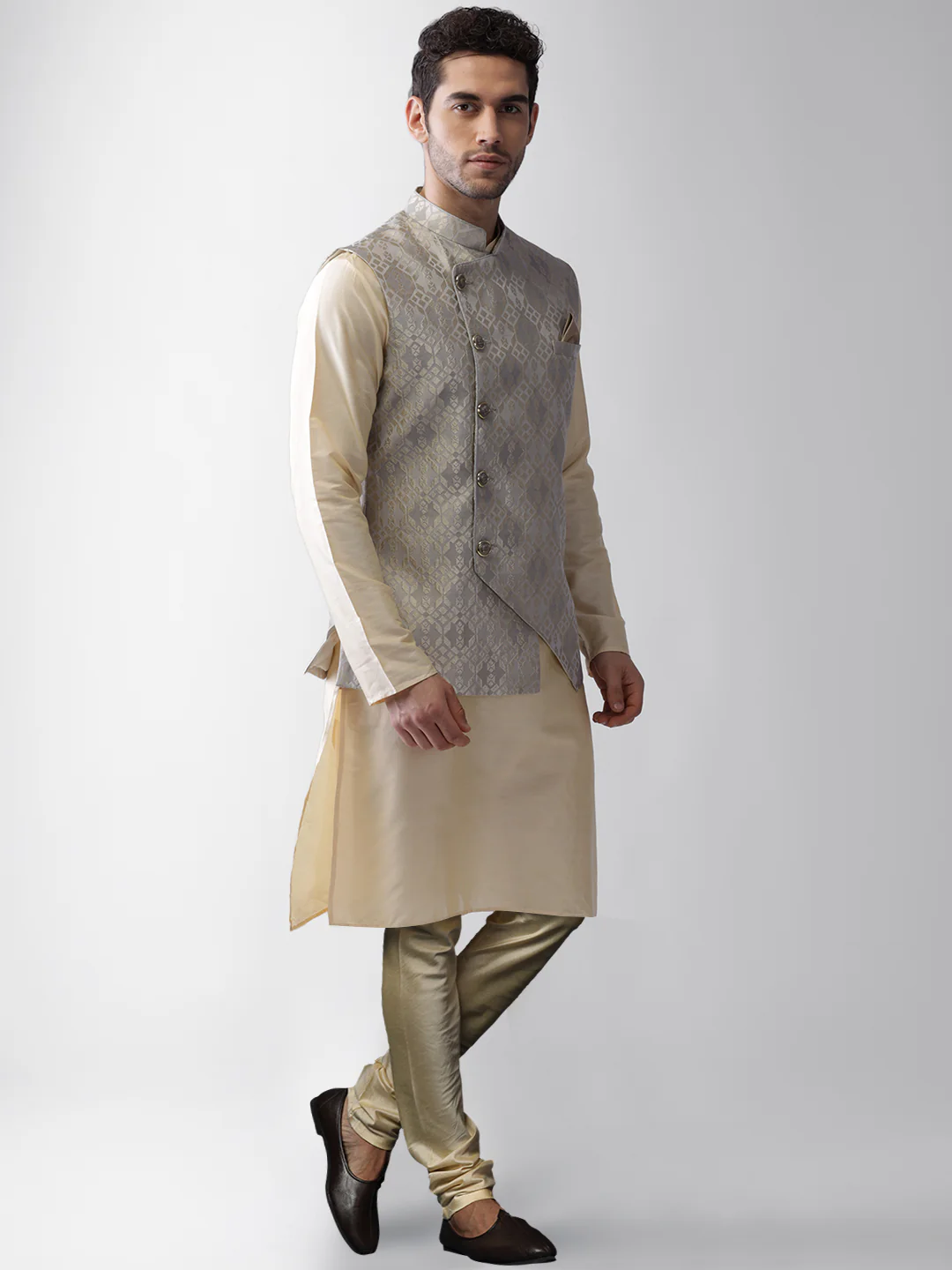 Men's Grey Kurta Jacket Pyjama Set - Image 2