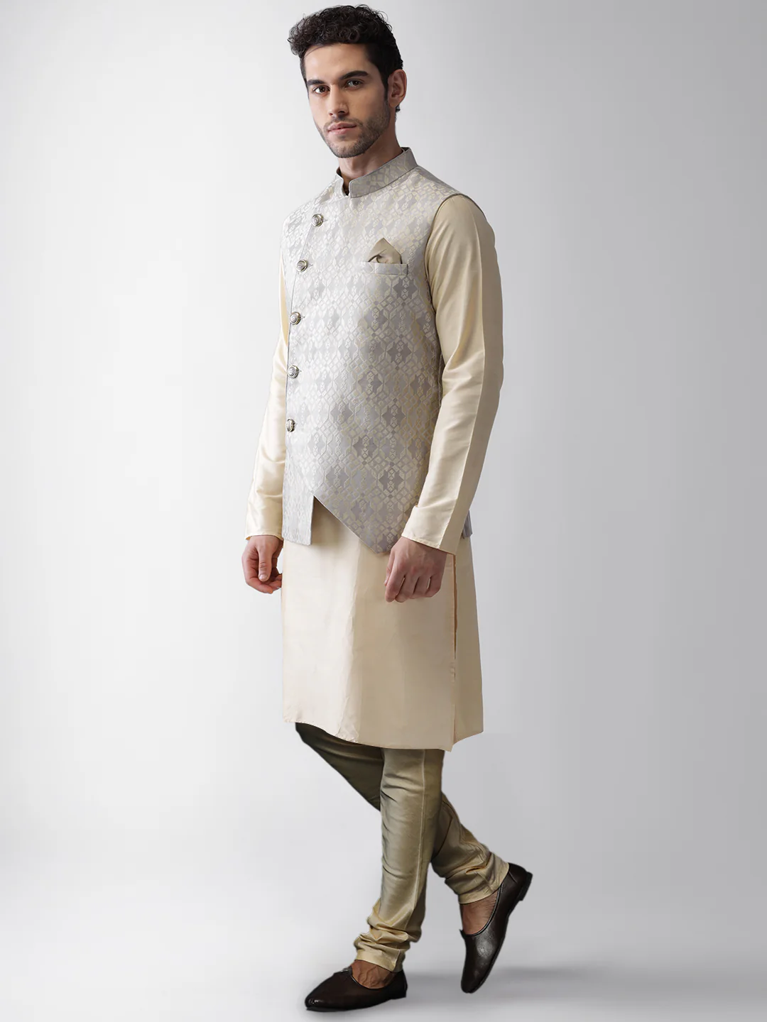 Men's Grey Kurta Jacket Pyjama Set - Image 3