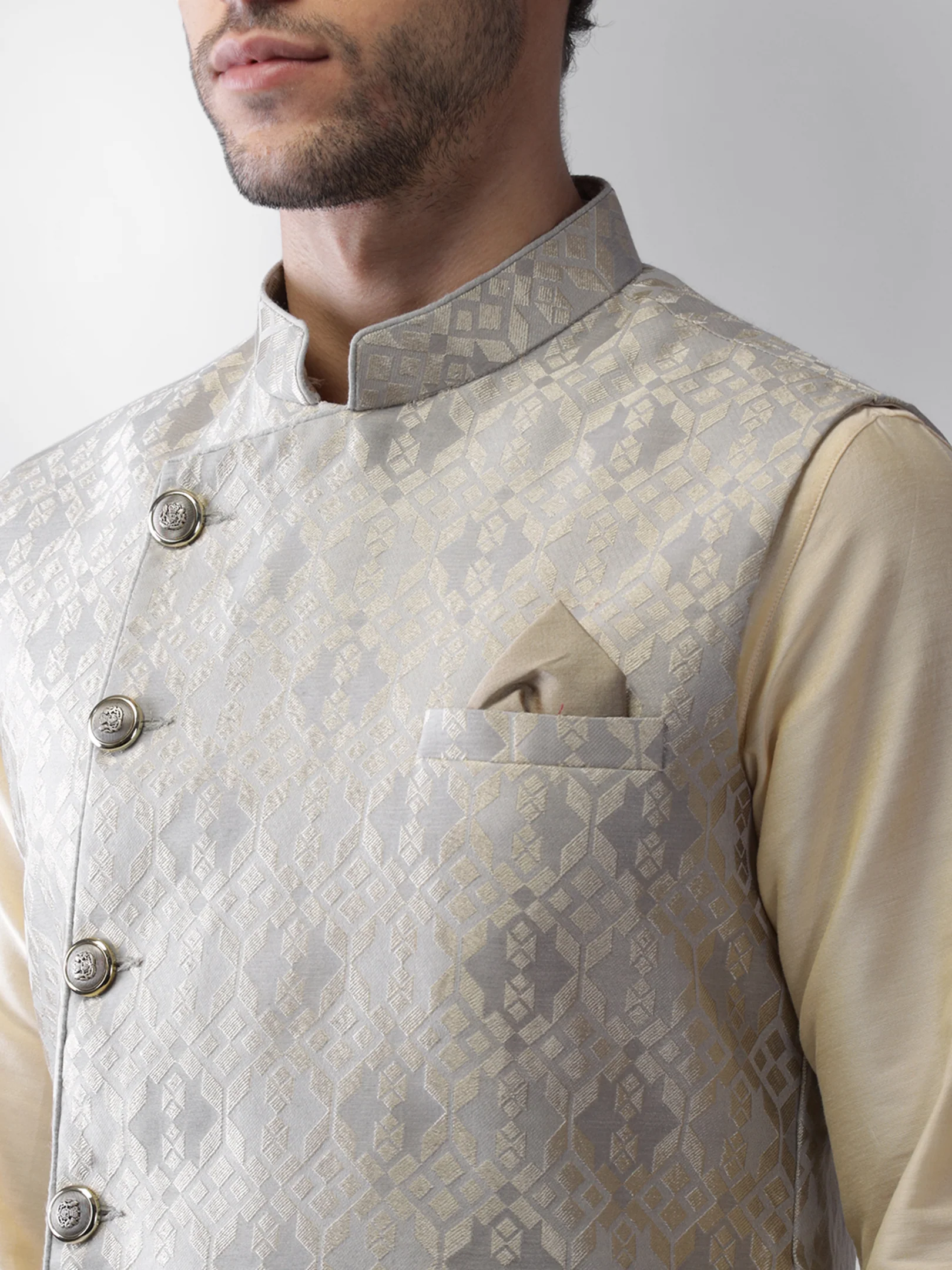 Men's Grey Kurta Jacket Pyjama Set - Image 5