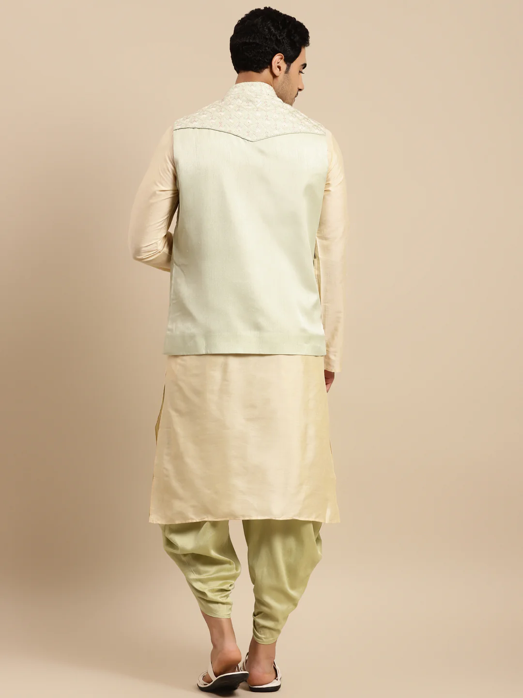 Men Green kurta jacket dhoti set - Image 2