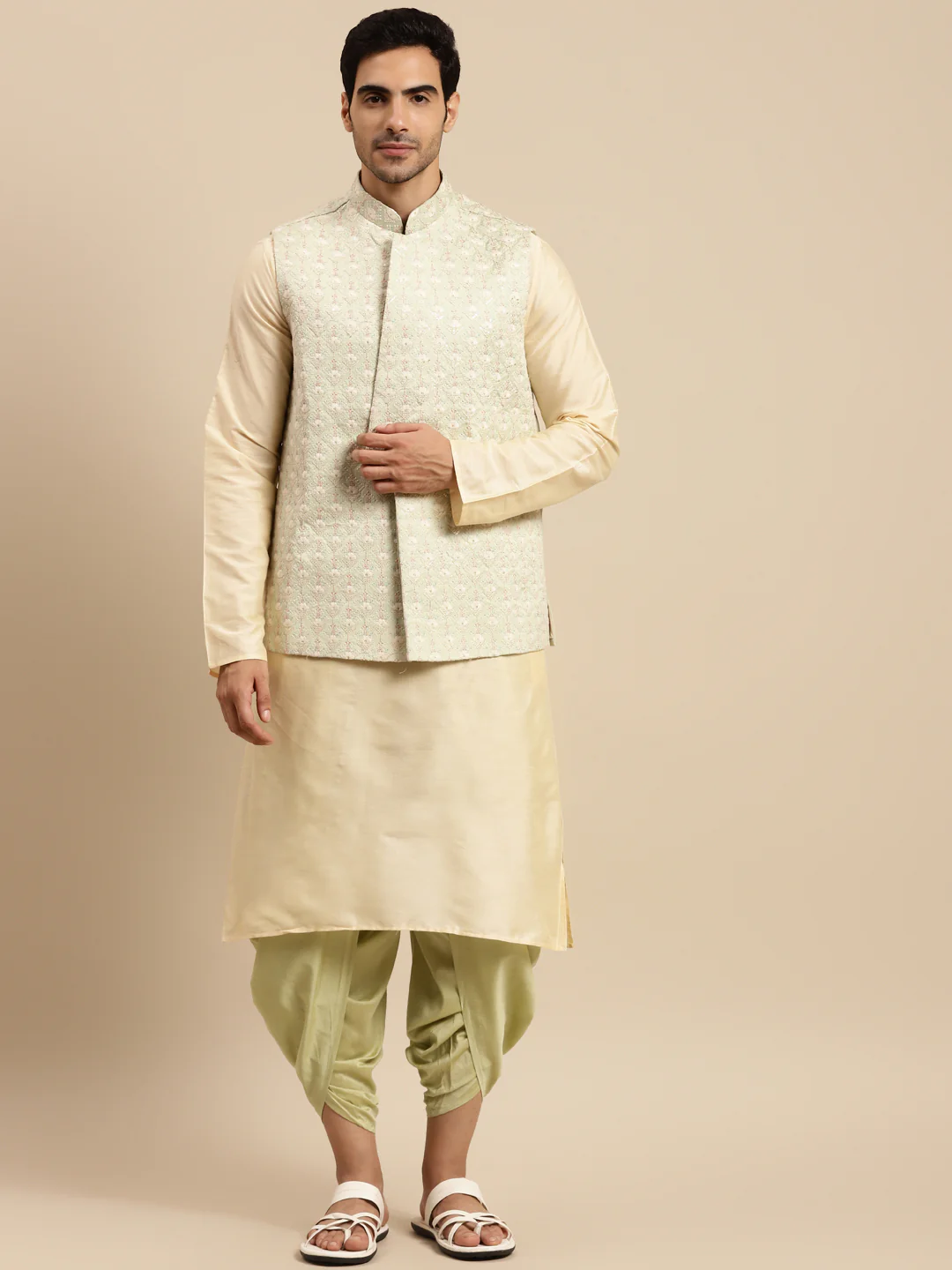 Men Green kurta jacket dhoti set - Image 7