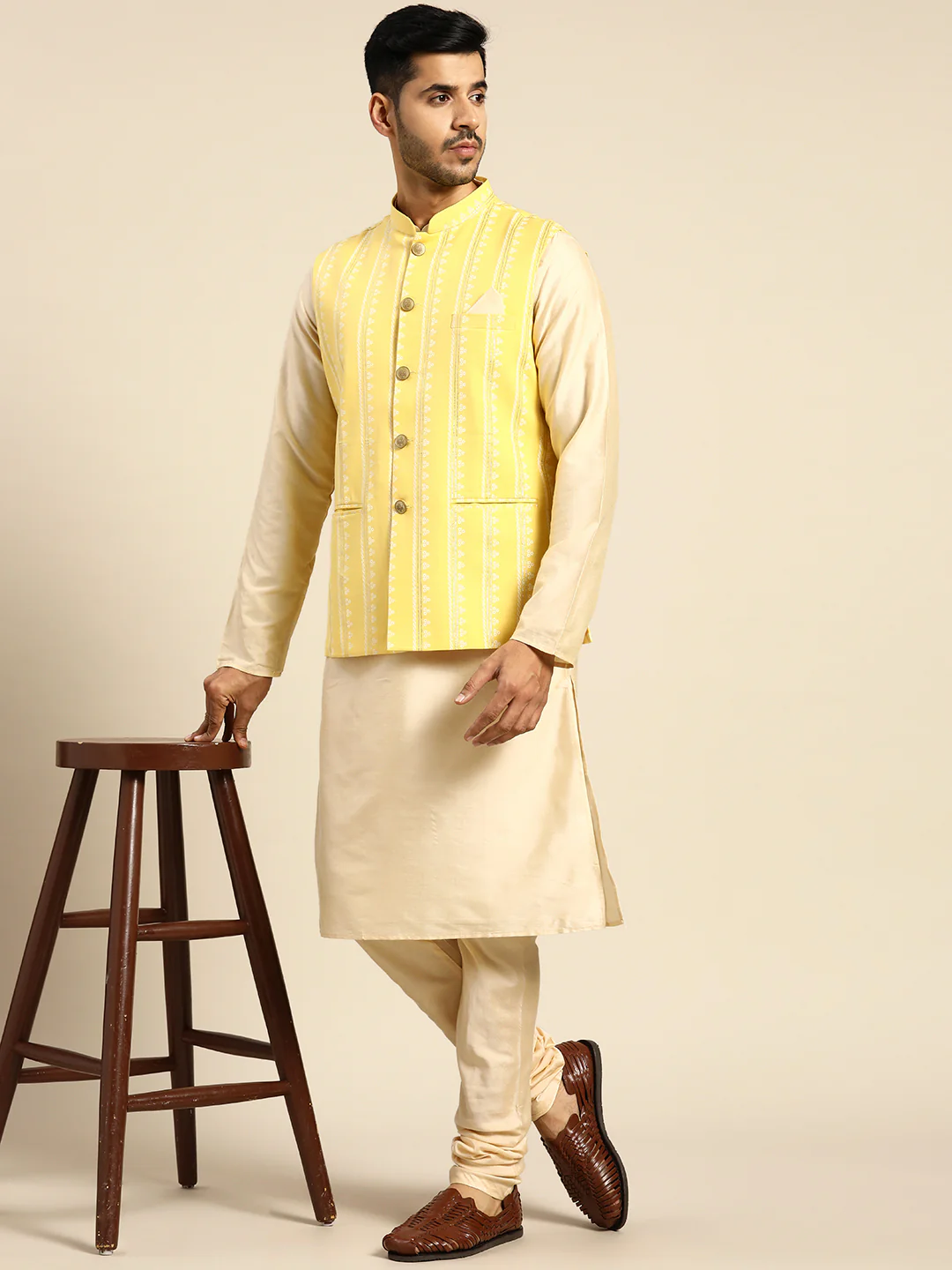 Kisah Men Yellow Color Kurta Jacket Set - Image 2