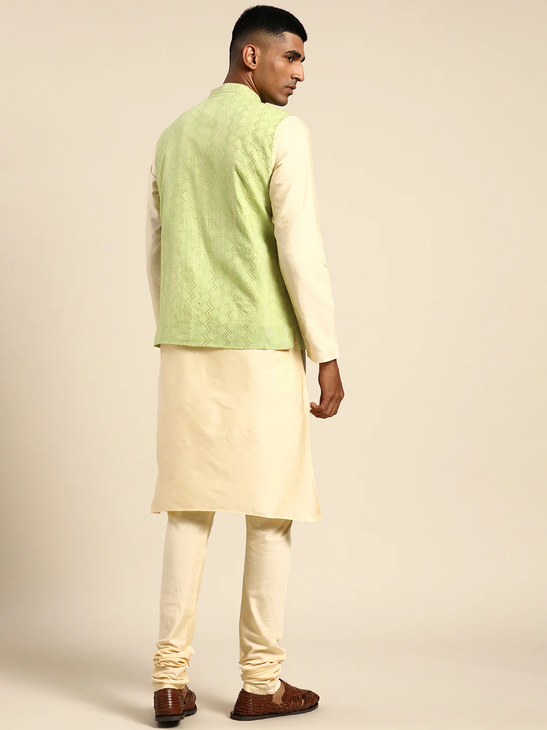 Men Green Color Kurta Jacket Set - Image 2