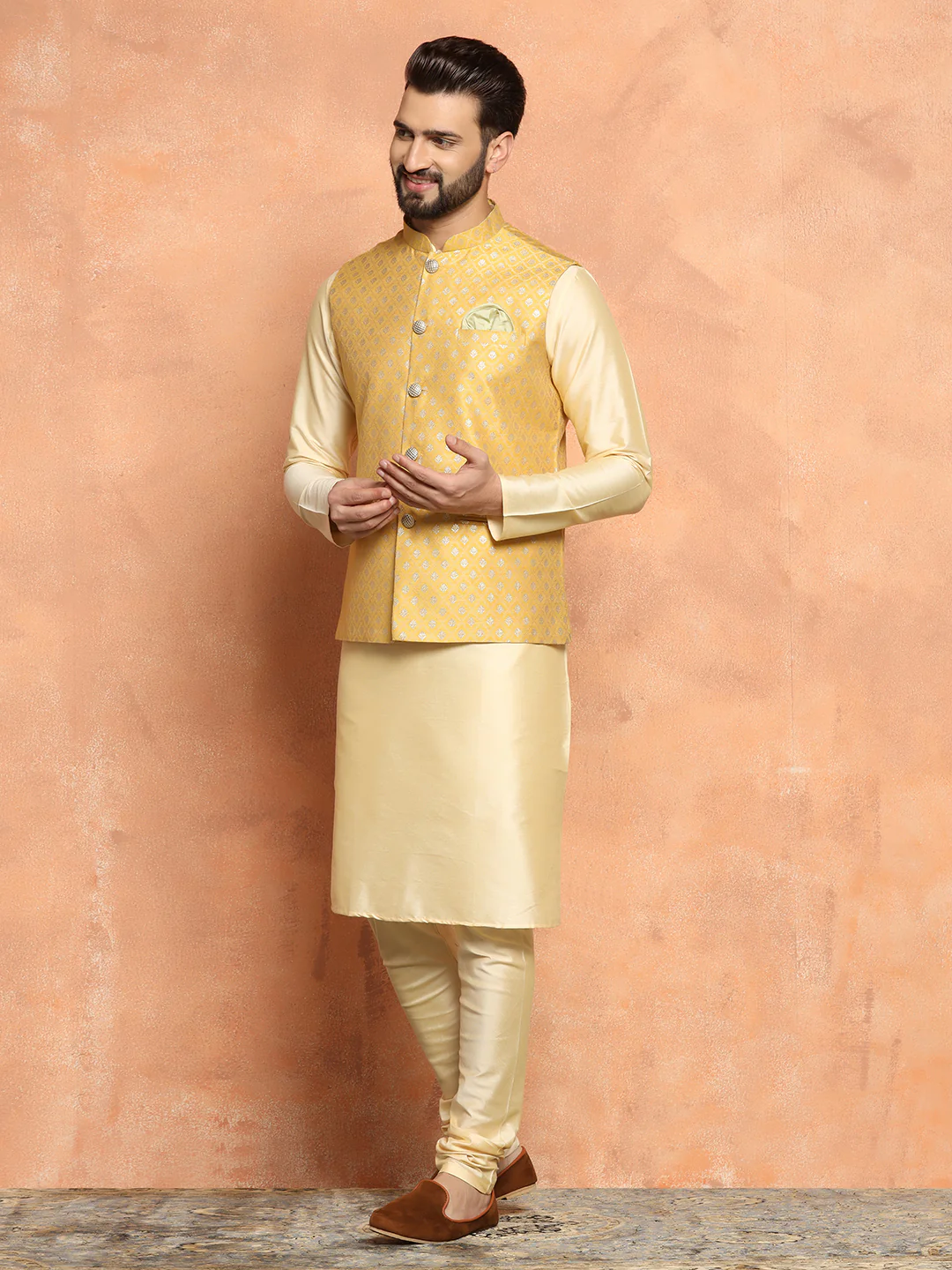 Yellow Jacquard Jacket Kurta Churidar Set - Image 3