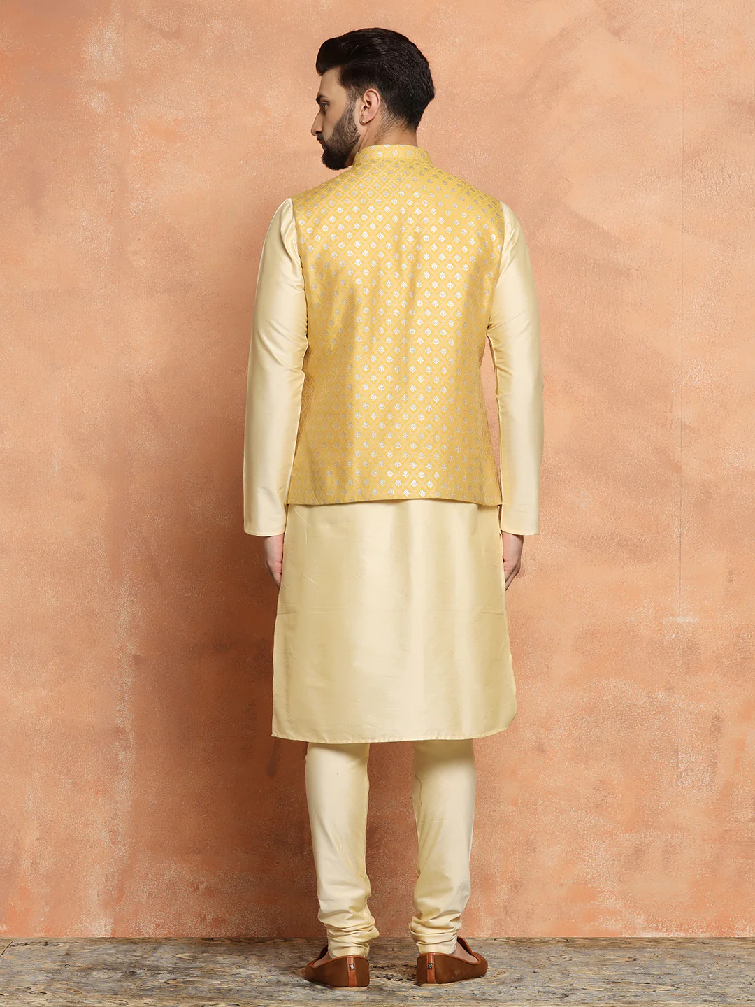 Yellow Jacquard Jacket Kurta Churidar Set - Image 4